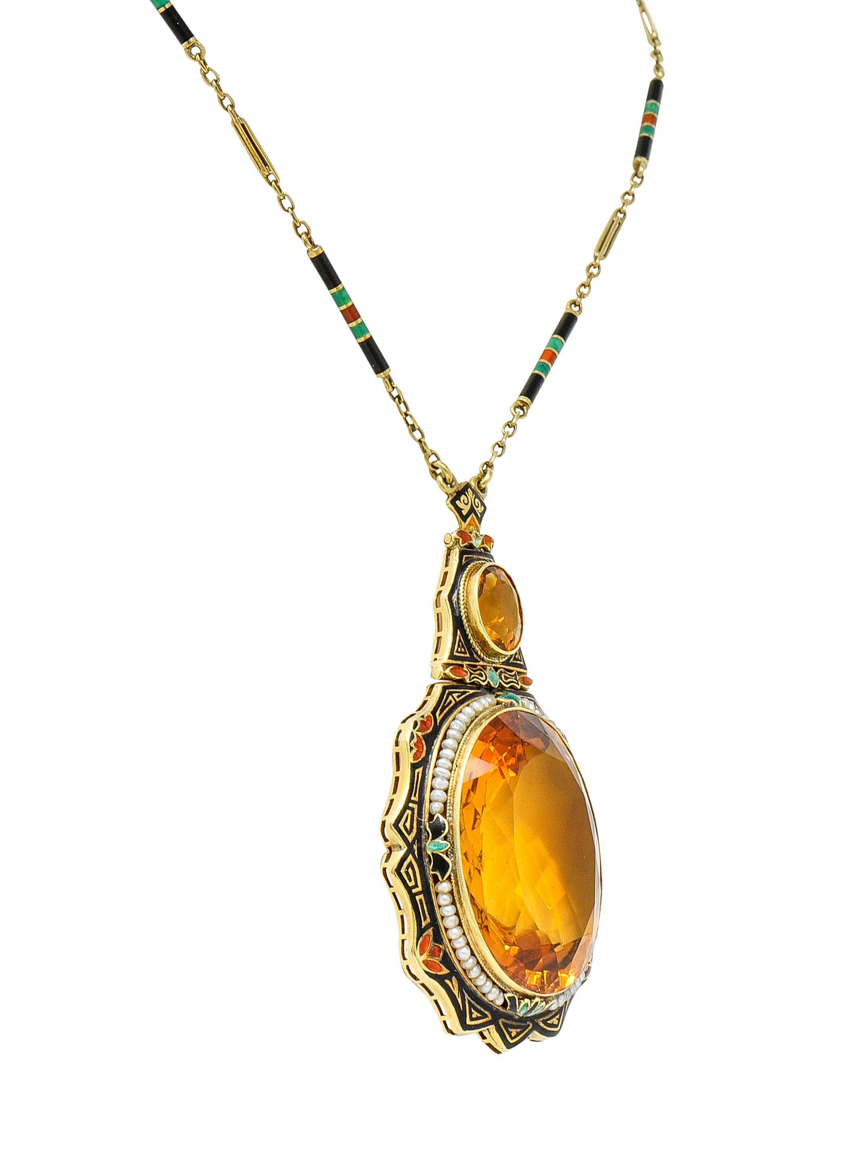 Substantial Art Deco Citrine Pearl Enamel 14 Karat Gold Statement Sautoir NecklaceNecklace - Wilson's Estate Jewelry
