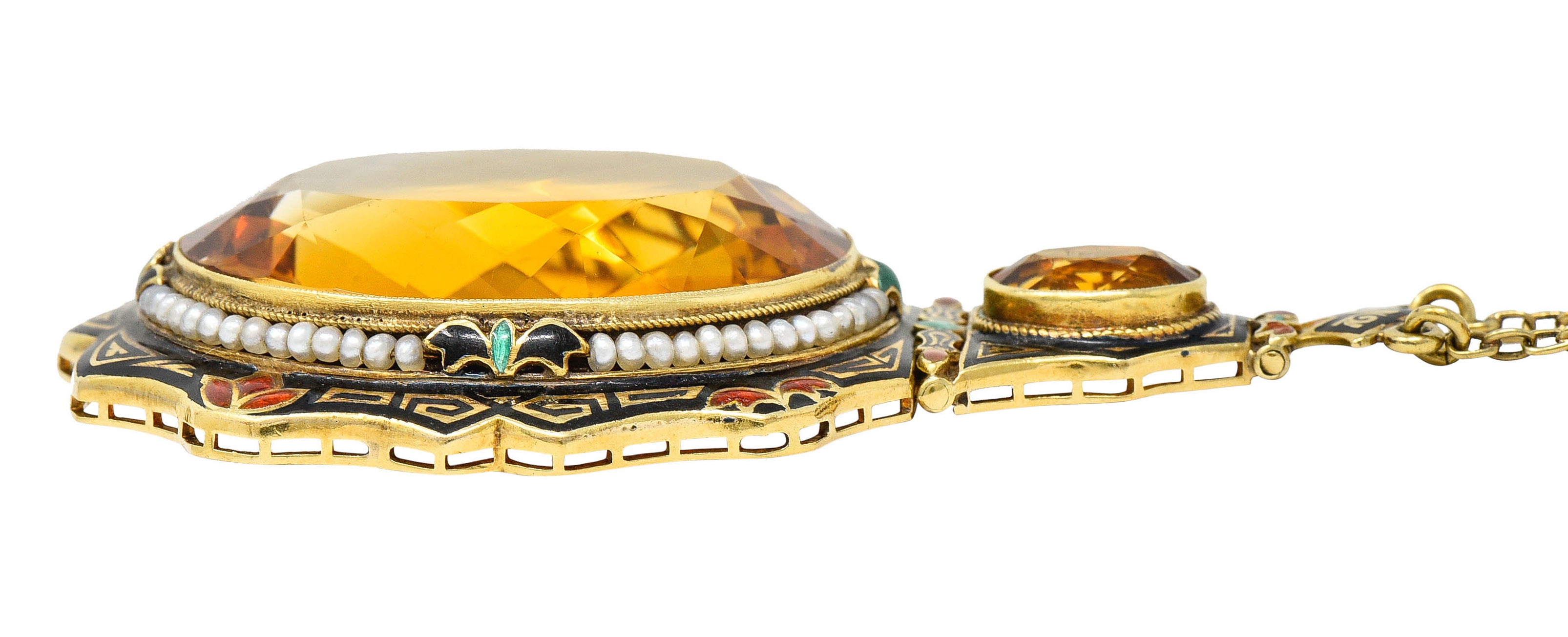 Substantial Art Deco Citrine Pearl Enamel 14 Karat Gold Statement Sautoir NecklaceNecklace - Wilson's Estate Jewelry