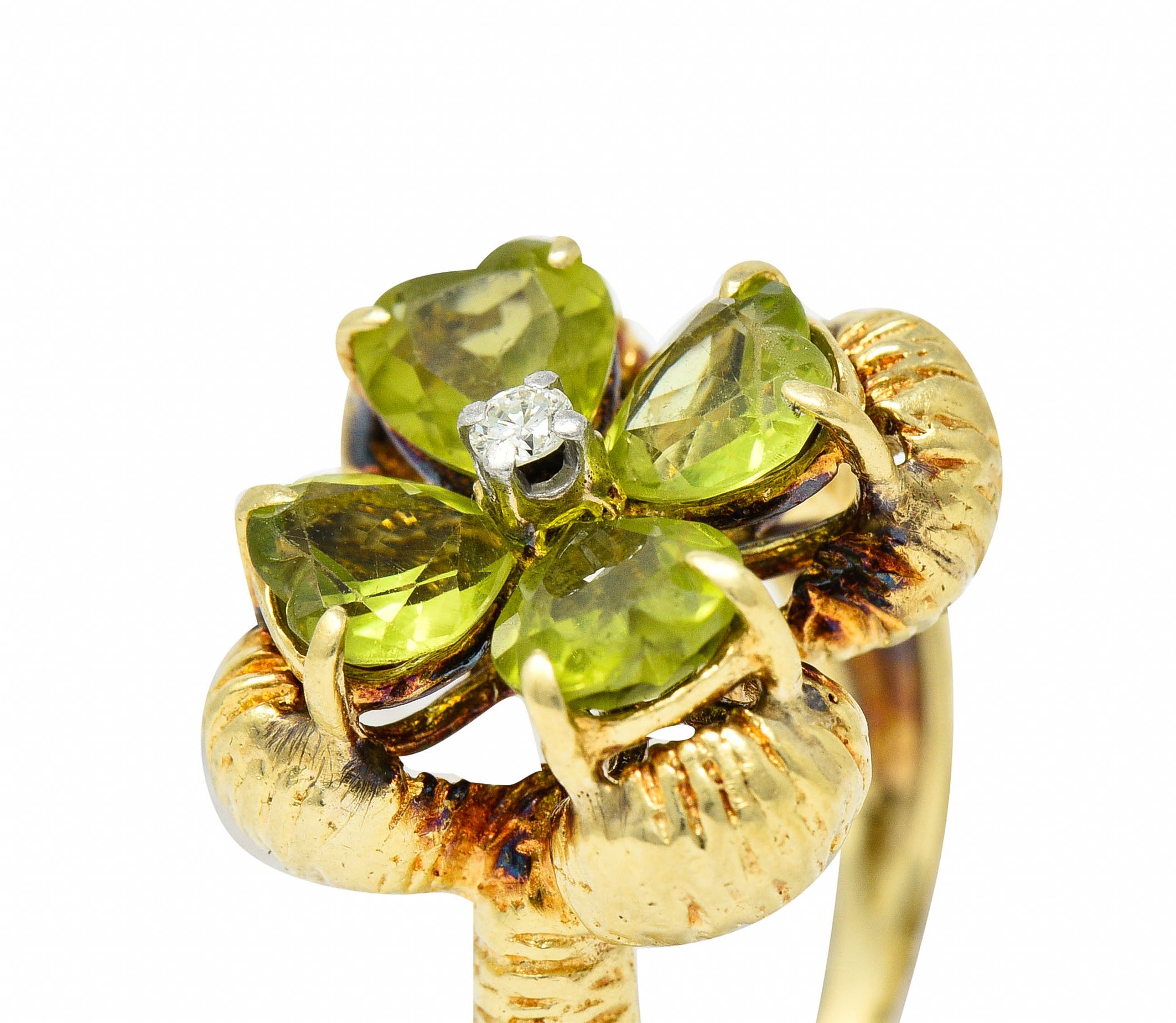 David Trabich 1980's Vintage 2.90 CTW Peridot Diamond 14 Karat Gold Clover RingRing - Wilson's Estate Jewelry