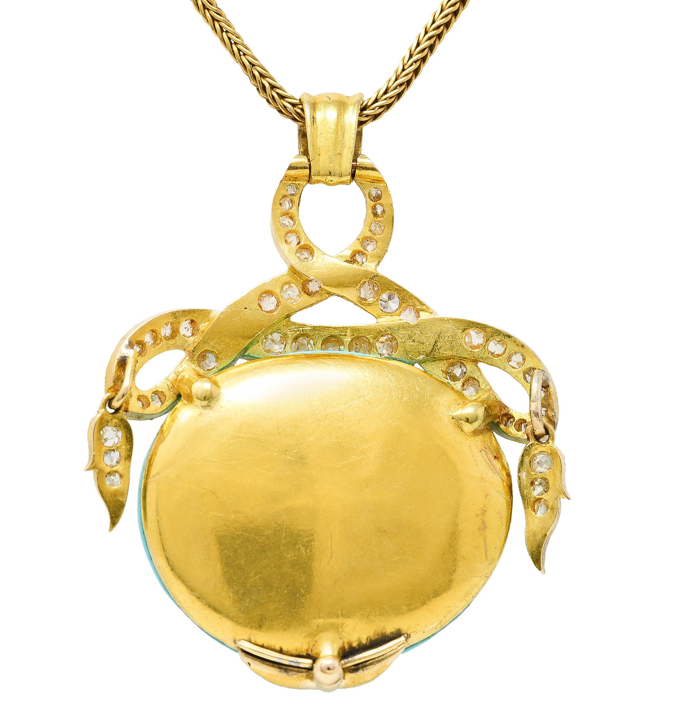 Victorian Etruscan Revival 1.15 CTW Old Mine Cut Diamond Turquoise 18 Karat Yellow Gold Antique Pendant Necklace Wilson's Estate Jewelry