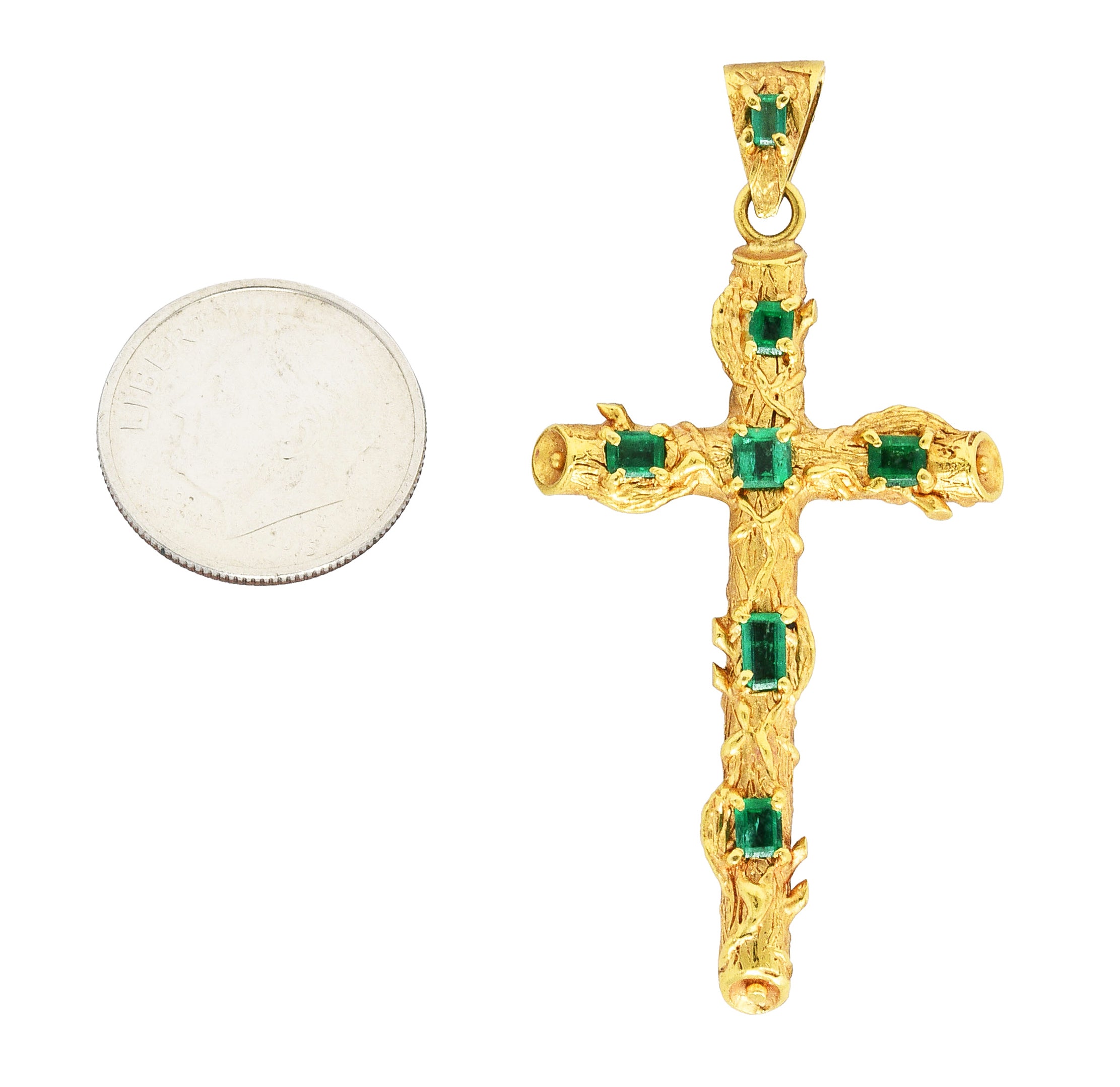 Antique Arts & Crafts 0.75 CTW Emerald 18 Karat Gold Cross PendantNecklace - Wilson's Estate Jewelry