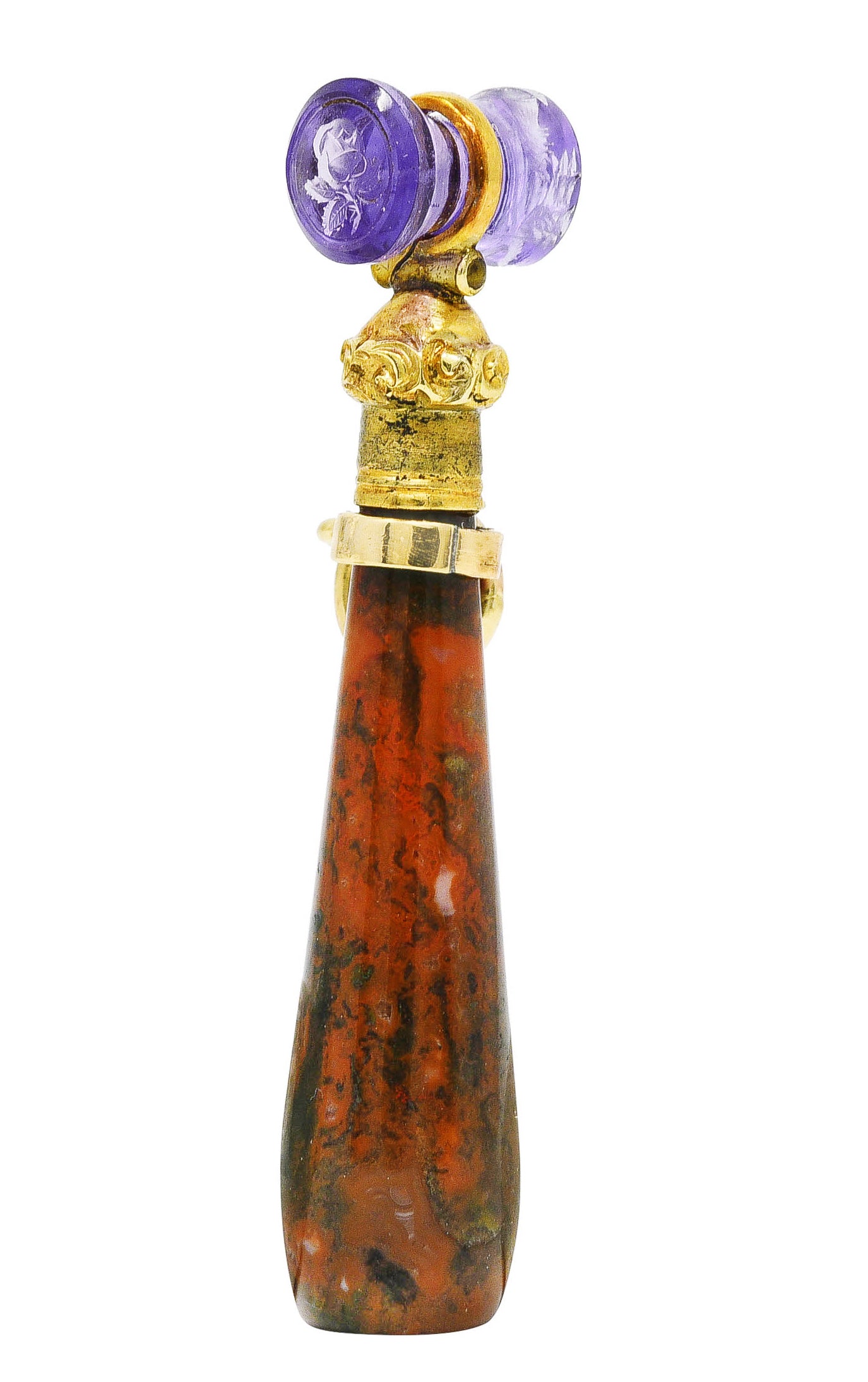 Georgian Bloodstone Amethyst 14 Karat Yellow Gold Carved Floral Badge Intaglio Mallet Antique Charm Wilson's Estate Jewelry