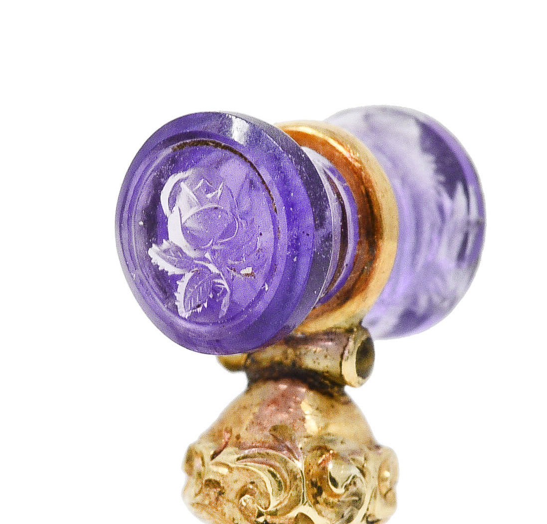 Georgian Bloodstone Amethyst 14 Karat Yellow Gold Carved Floral Badge Intaglio Mallet Antique Charm Wilson's Estate Jewelry