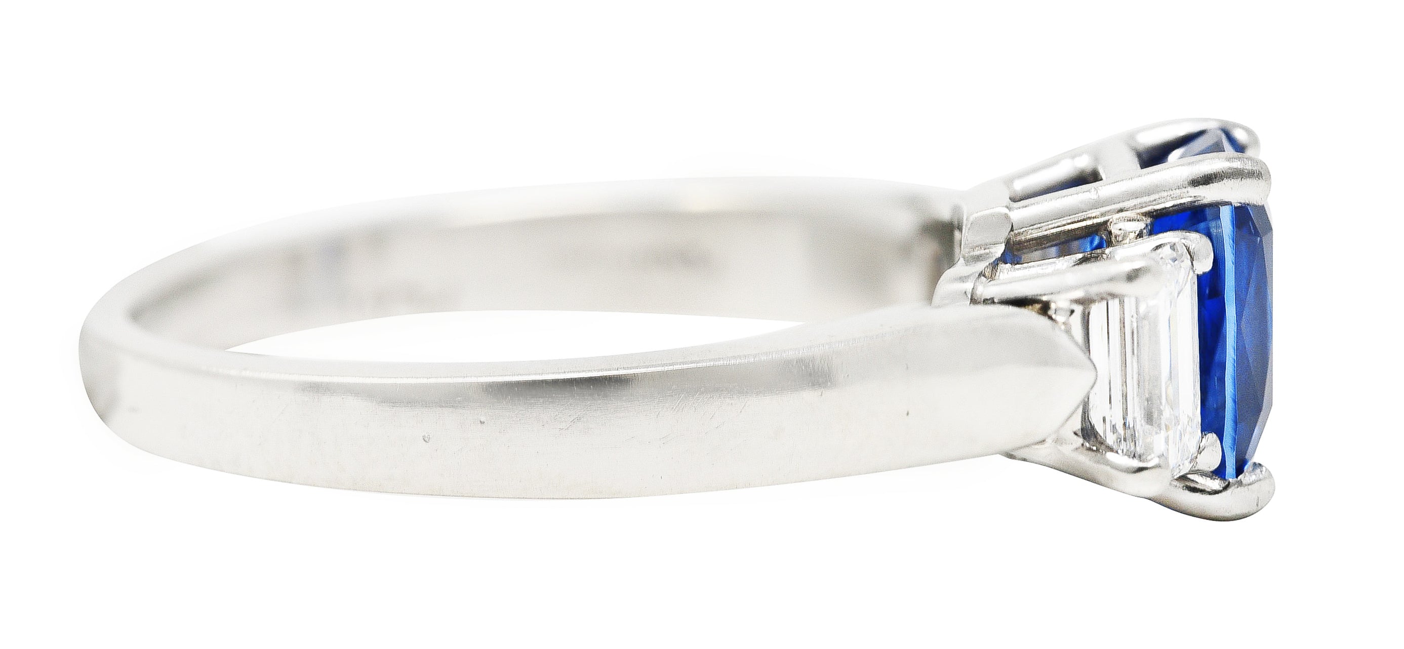 1980's 3.00 CTW Cushion Cut Sapphire Baguette Cut Diamond Platinum Vintage Three Stone Ring Wilson's Estate Jewelry