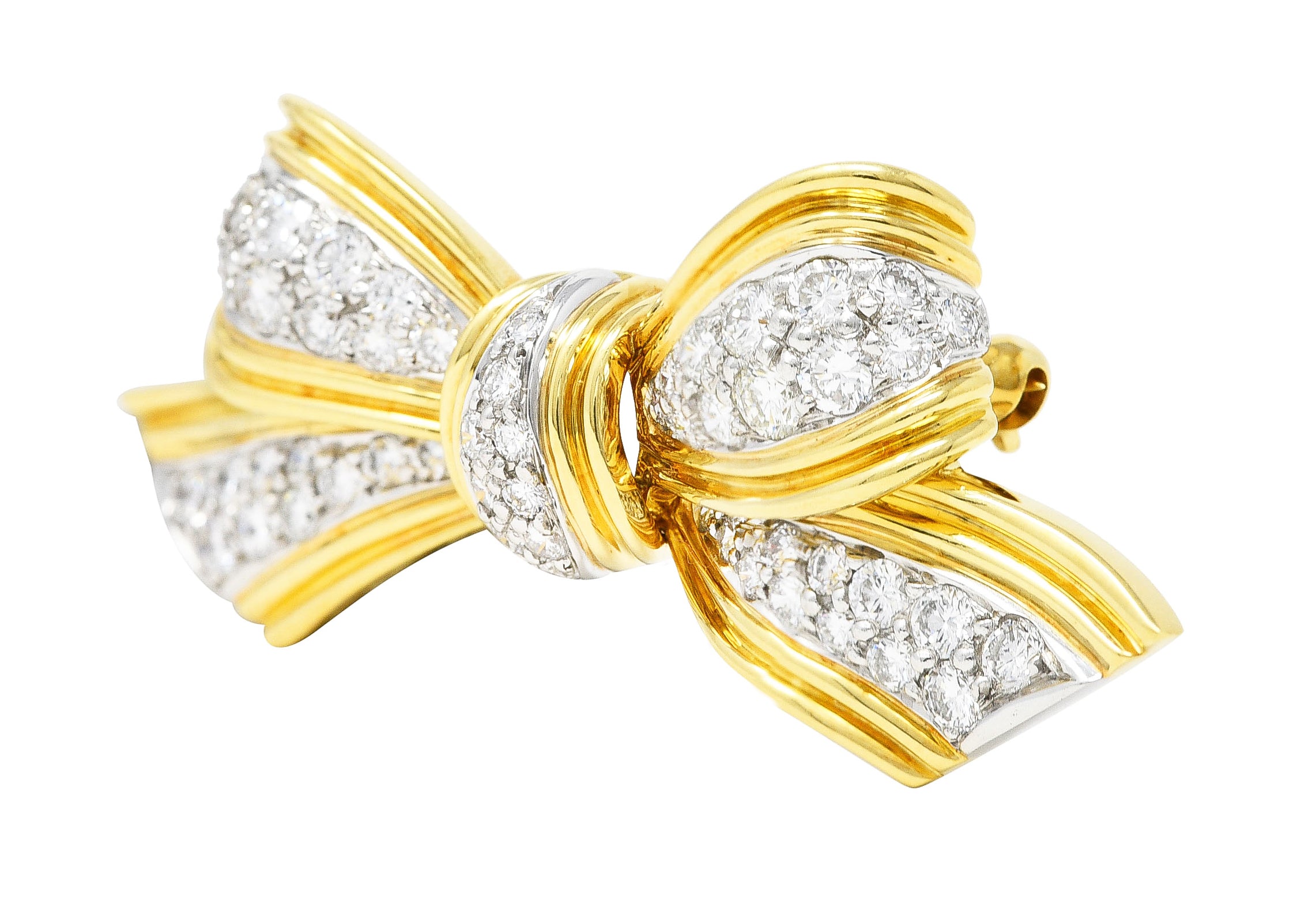 Tiffany 1960's 1.30 CTW Diamond Platinum 18 Karat Yellow Gold Pavé Vintage Bow Brooch Wilson's Estate Jewelry