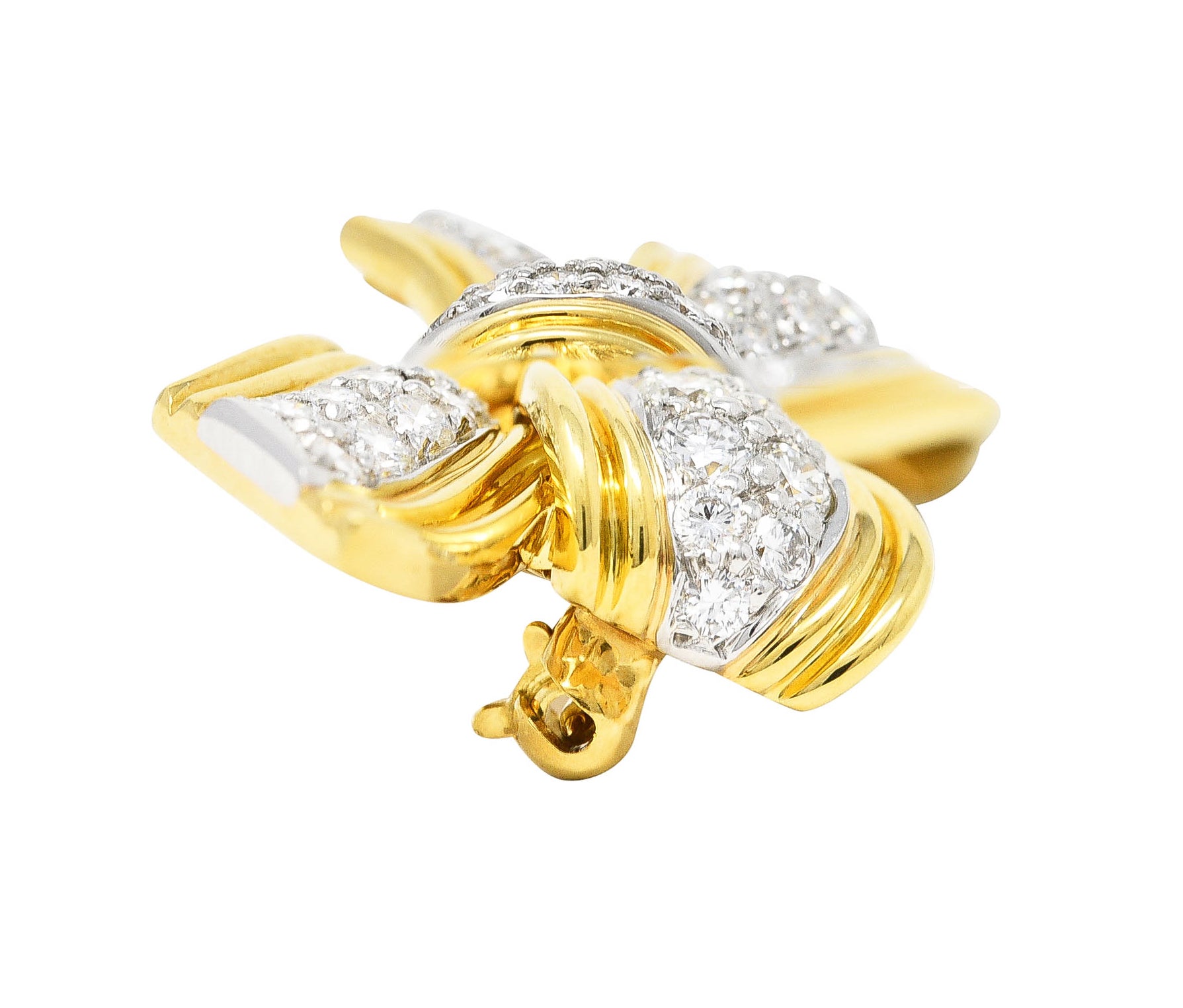 Tiffany 1960's 1.30 CTW Diamond Platinum 18 Karat Yellow Gold Pavé Vintage Bow Brooch Wilson's Estate Jewelry