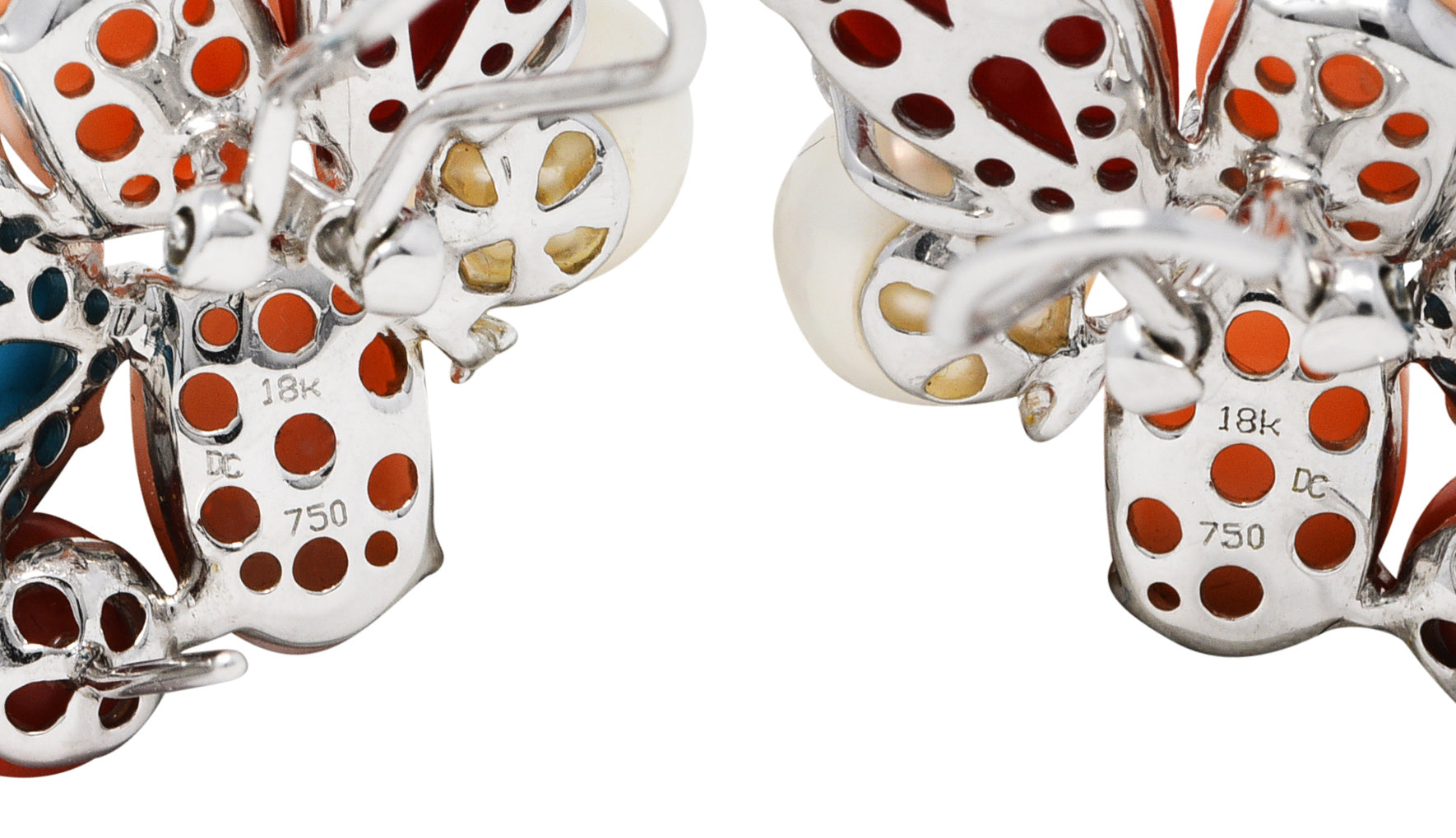 Coral Pearl Diamond Turquoise 18 Karat White Gold Cluster EarringsEarrings - Wilson's Estate Jewelry