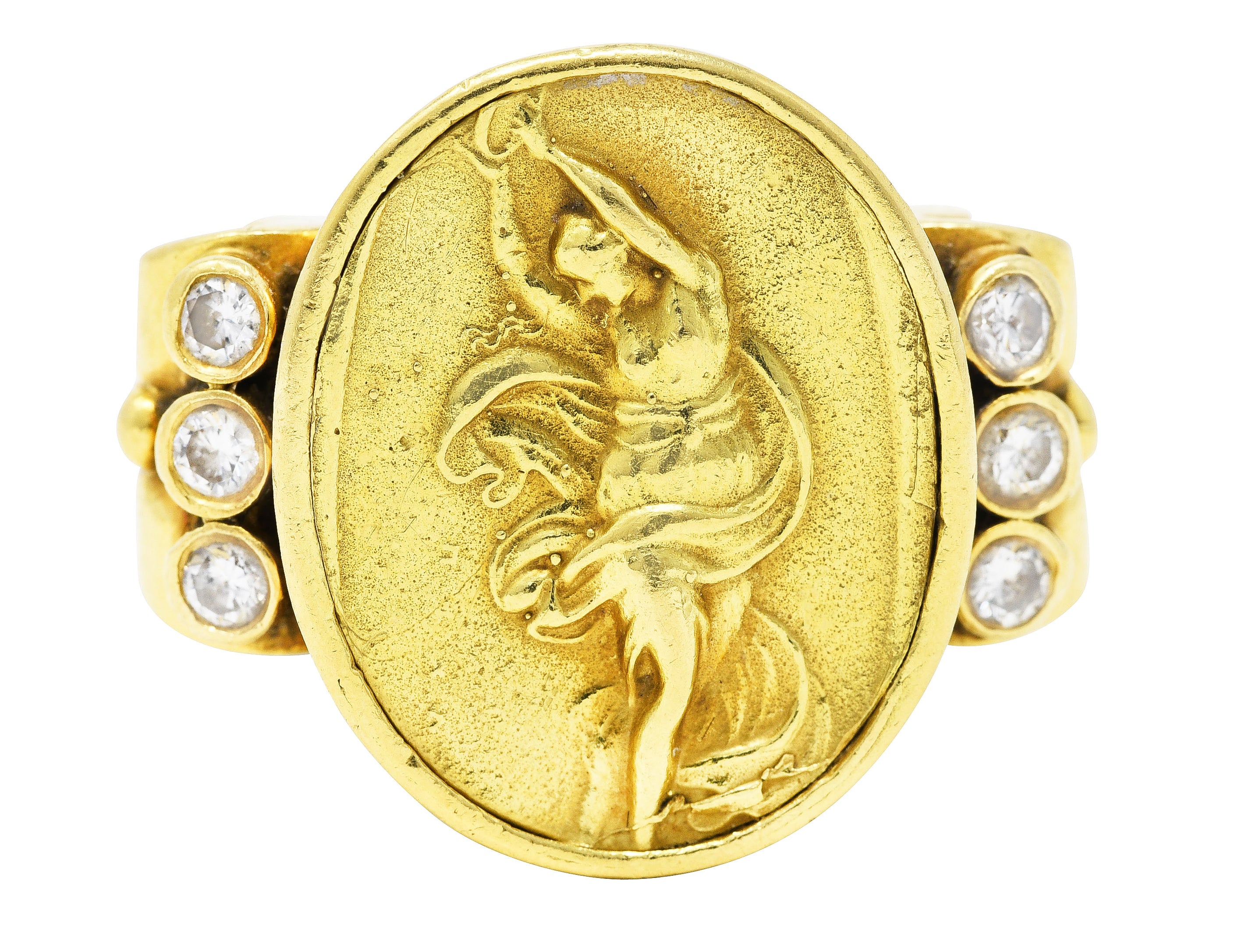 SeidenGang Neoclassical Diamond 18 Karat Yellow Gold Greek Muse Signet Ring Wilson's Antique & Estate Jewelry