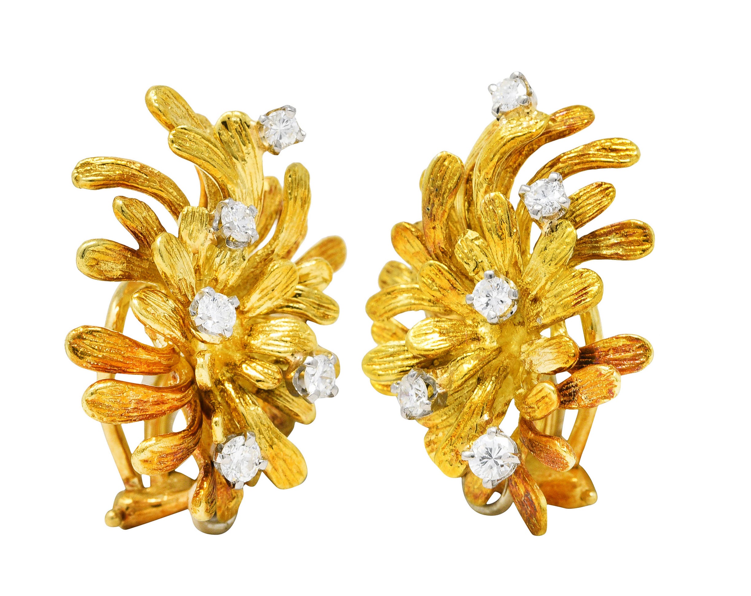 1960's Vintage 0.60 CTW Diamond 18 Karat Two-Tone Gold Organic Ear-Clip Earrings Wilson's Estate Jewelry