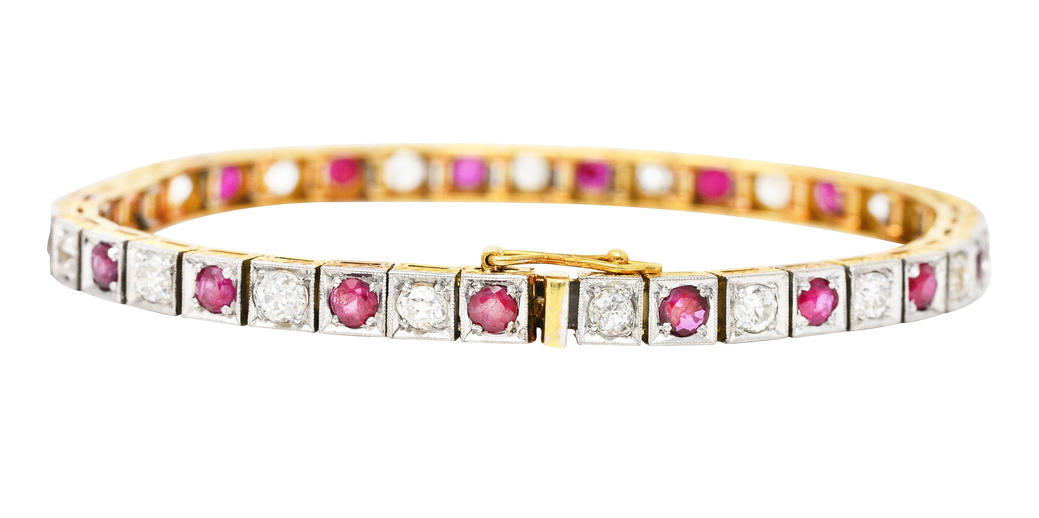 Edwardian 5.32 CTW Ruby Diamond Platinum-Topped 18 Karat Yellow Gold Milgrain Antique Line Bracelet Wilson's Estate Jewelry