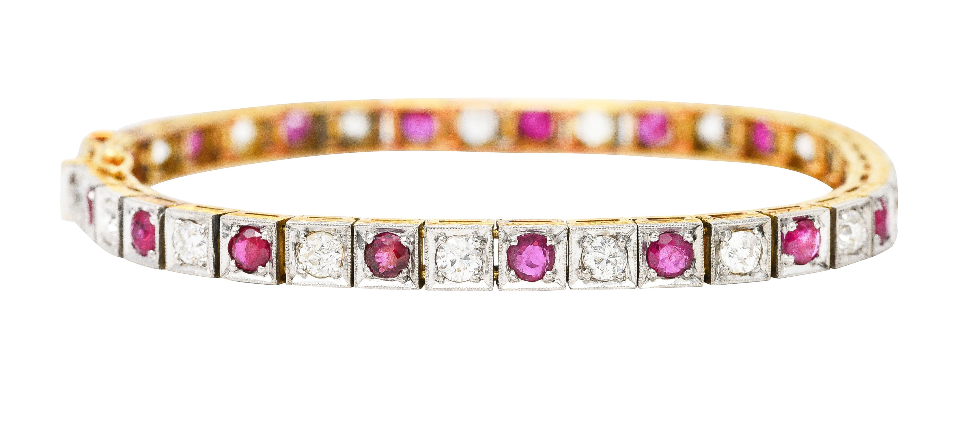 Edwardian 5.32 CTW Ruby Diamond Platinum-Topped 18 Karat Yellow Gold Milgrain Antique Line Bracelet Wilson's Estate Jewelry