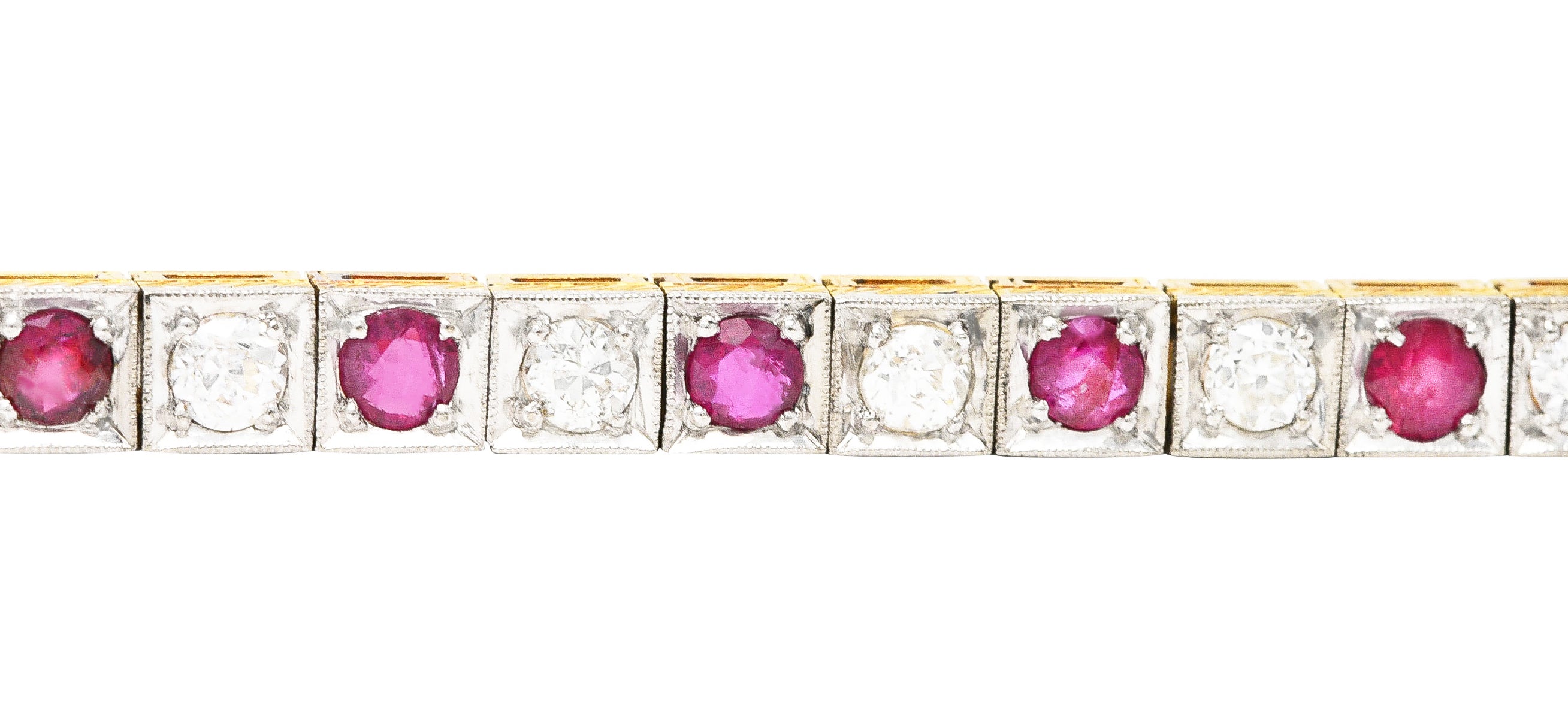 Edwardian 5.32 CTW Ruby Diamond Platinum-Topped 18 Karat Yellow Gold Milgrain Antique Line Bracelet Wilson's Estate Jewelry
