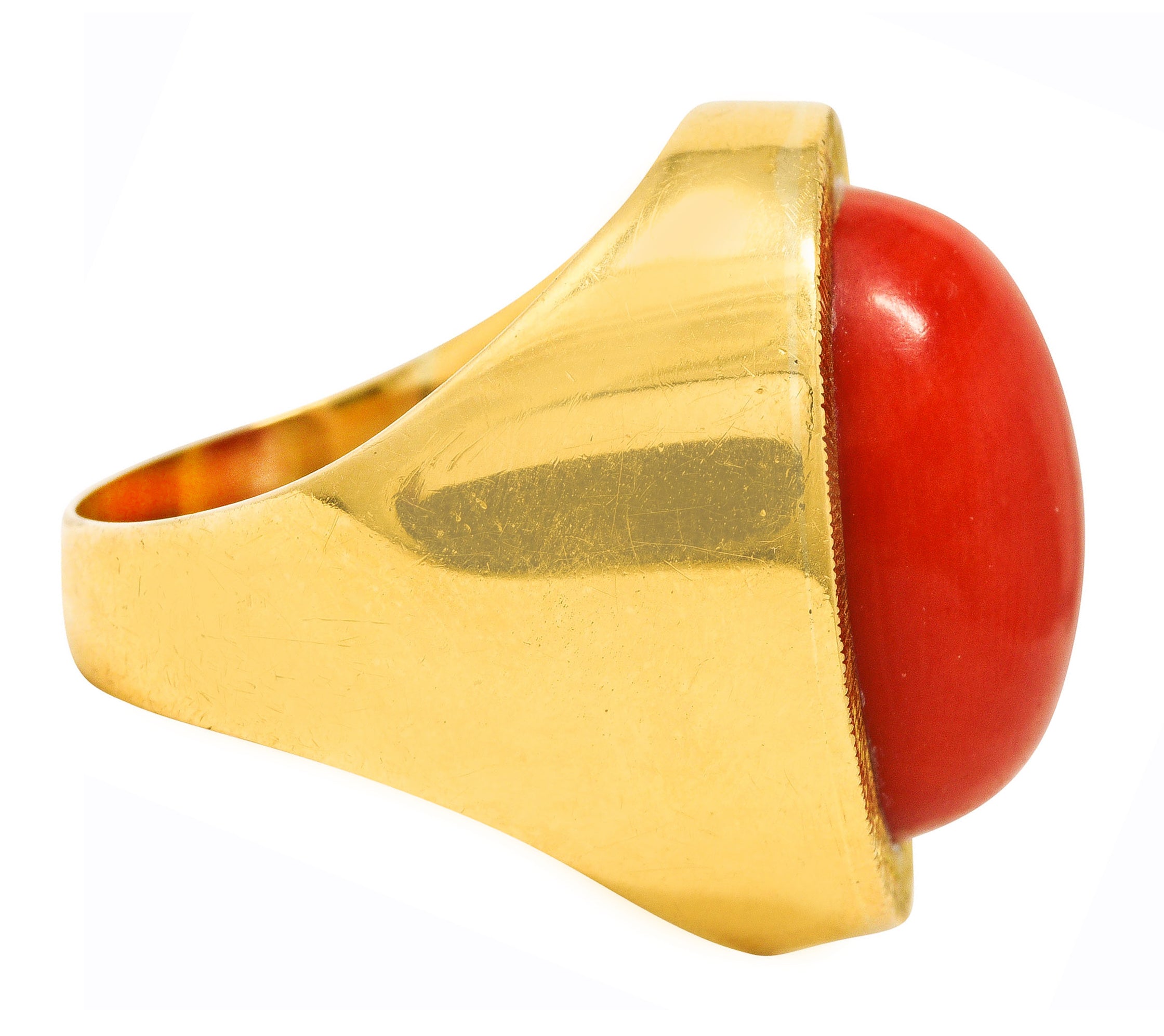 1960's Modernist Vintage Coral 18 Karat Yellow Gold Unisex Cabochon Ring Wilson's Estate Jewelry