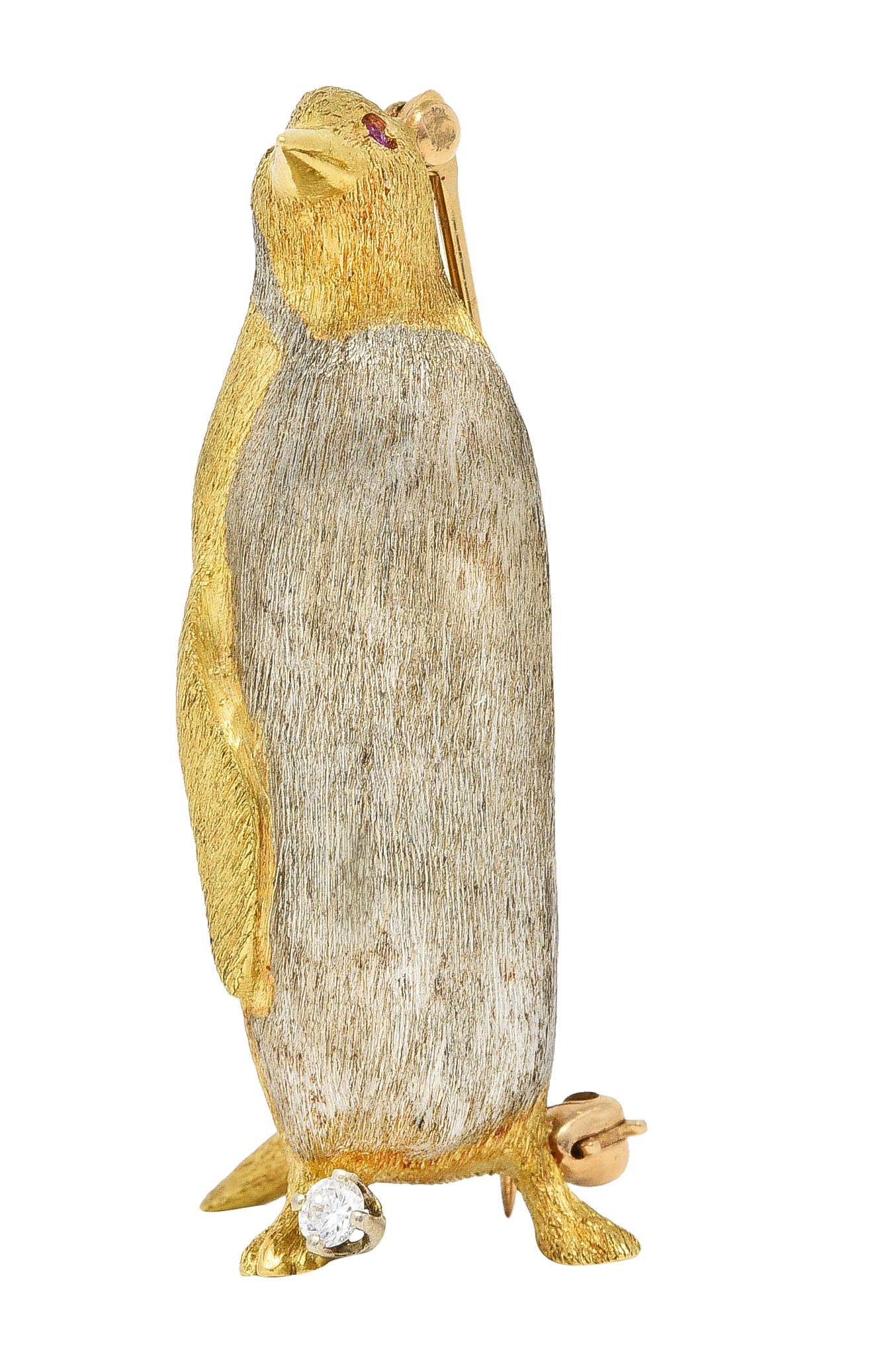George Lederman Vintage Diamond Ruby 18 Karat Two-Tone Gold Penguin Brooch Wilson's Estate Jewelry