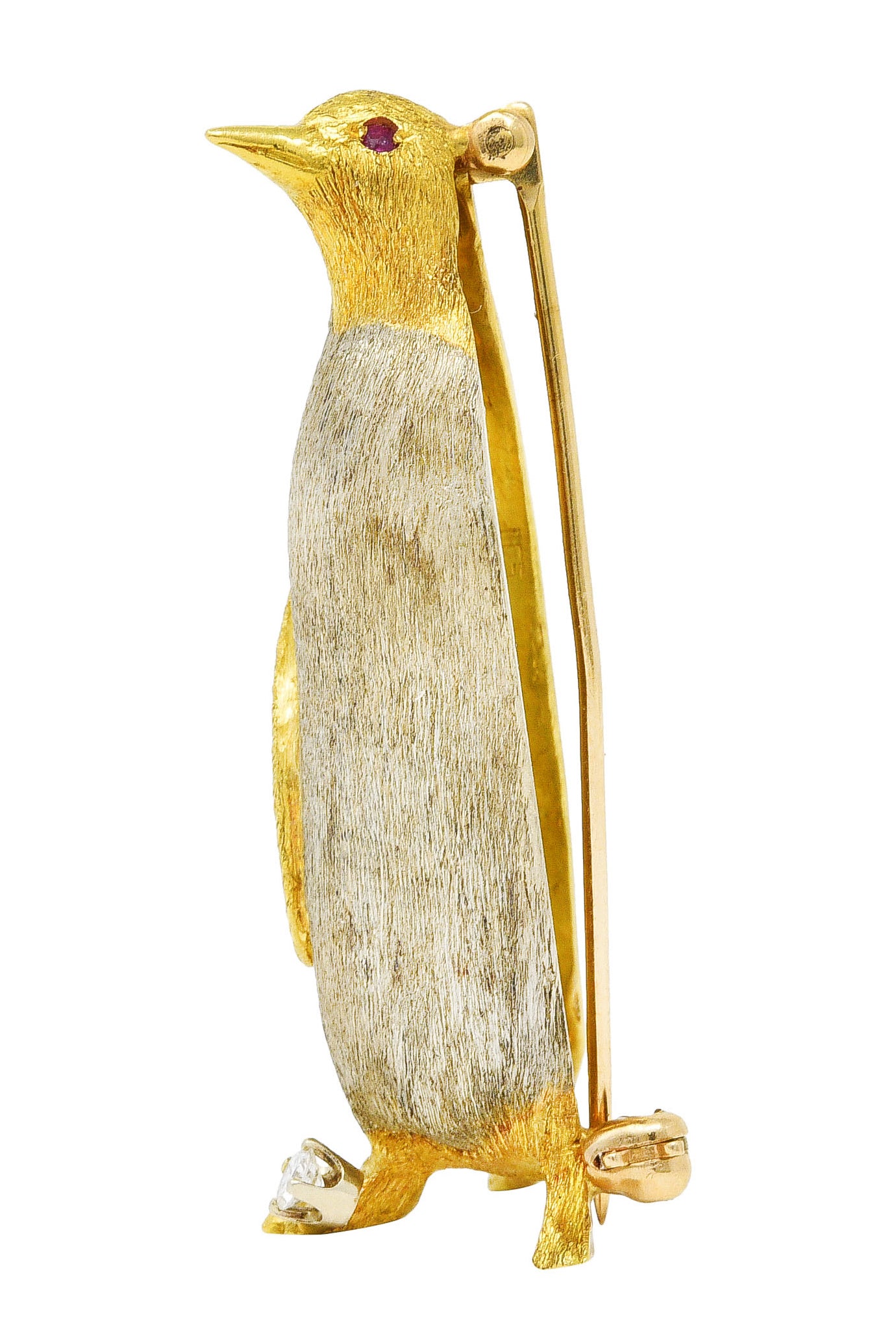 George Lederman Vintage Diamond Ruby 18 Karat Two-Tone Gold Penguin Brooch Wilson's Estate Jewelry