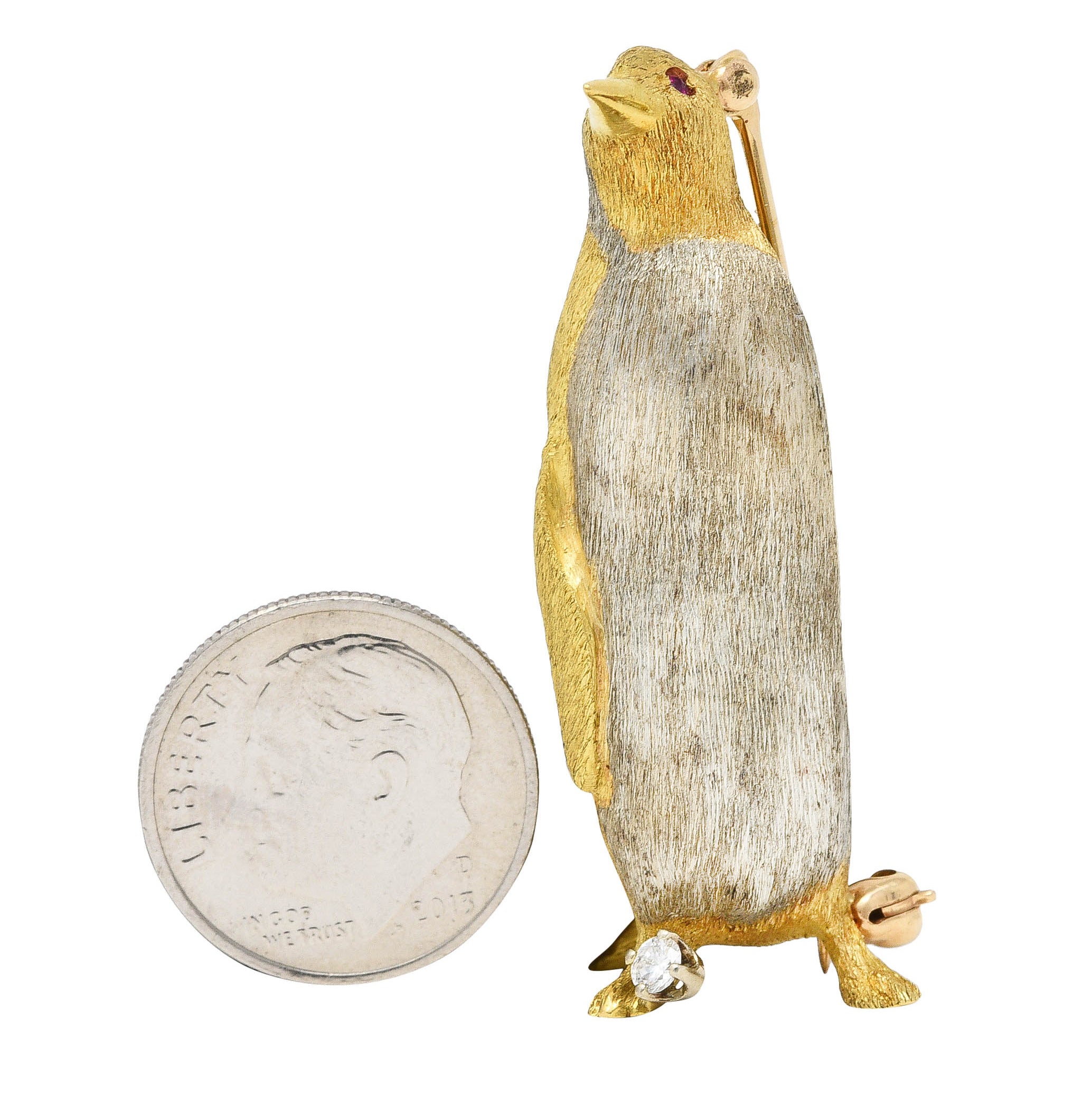 George Lederman Vintage Diamond Ruby 18 Karat Two-Tone Gold Penguin Brooch Wilson's Estate Jewelry