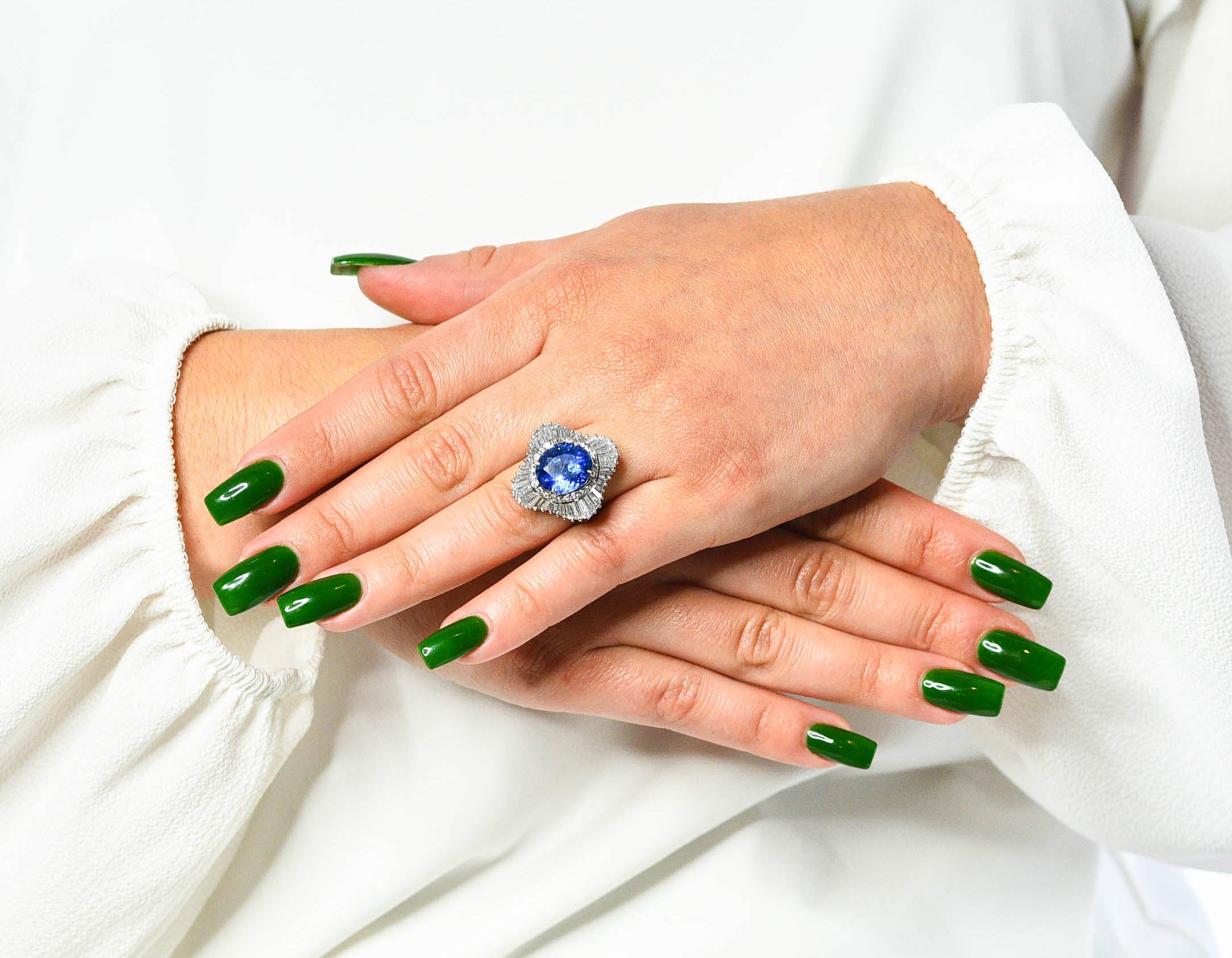 No Heat 9.59 CTW Ceylon Sapphire Diamond Platinum Ballerina Halo Ring AGLRing - Wilson's Estate Jewelry