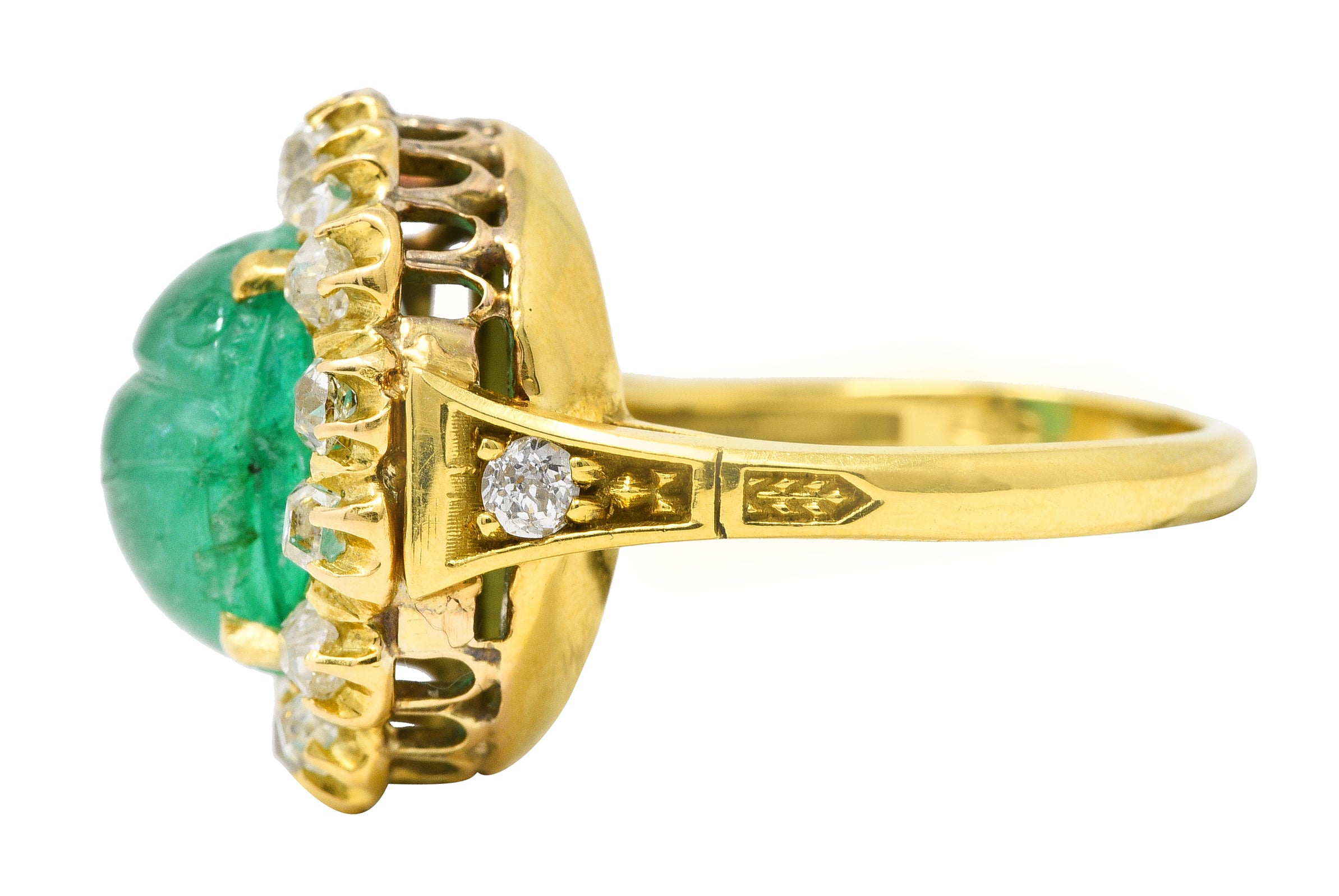 Vintage Egyptian Revival 7.80 CTW Carved Emerald Diamond 18 Karat Yellow Gold Cluster Gemstone Scarab Ring Wilson's Estate Jewelry