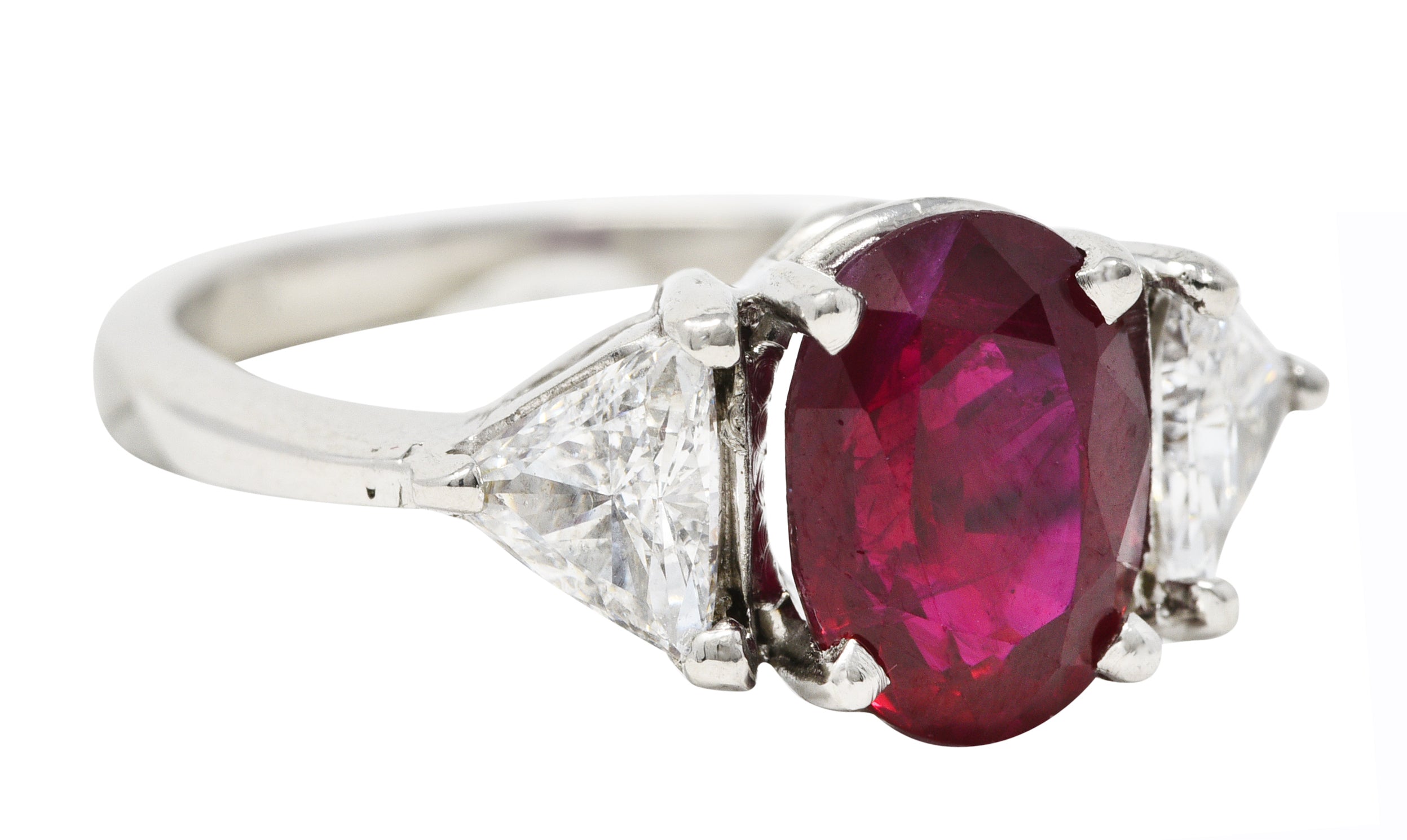 Vintage 2.65 CTW Burma Ruby Diamond Platinum Three Stone Ring GIA Wilson's Estate Jewelry