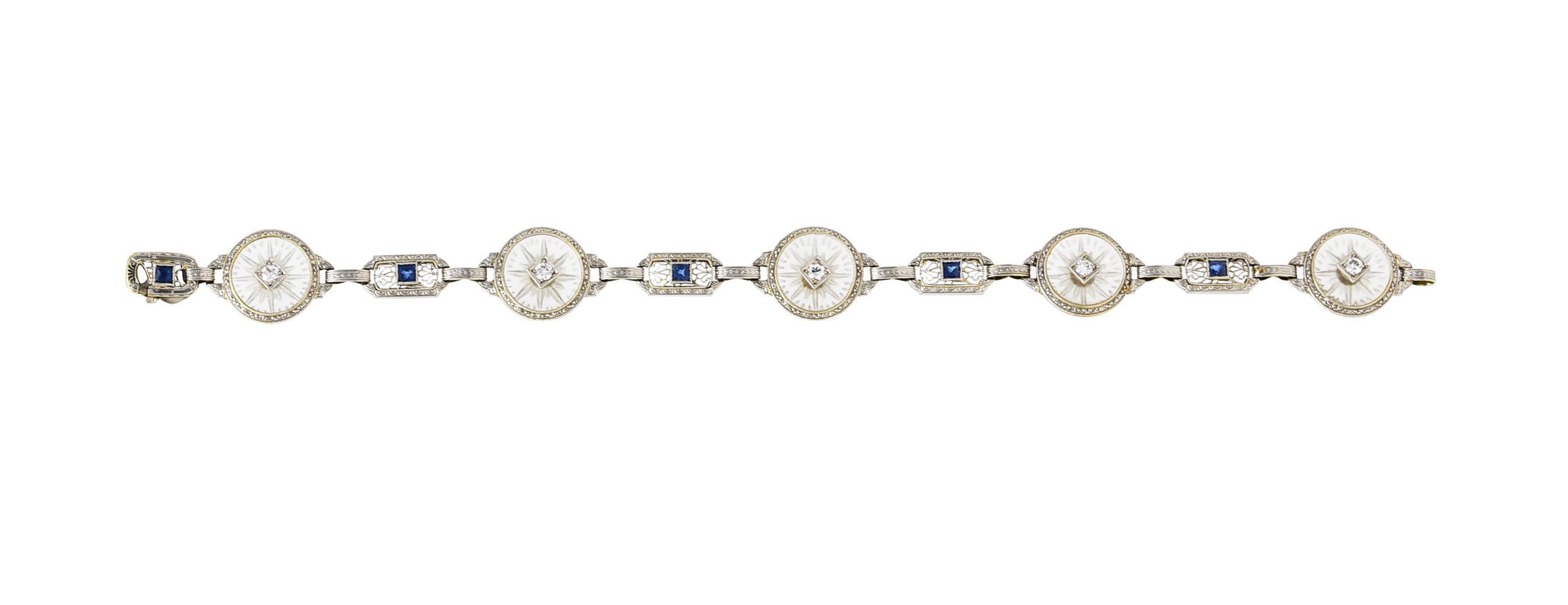 Krementz Art Deco 1.00 CTW Diamond Sapphire Camphor Glass Two-Tone 14 Karat Gold Link Braceletbracelet - Wilson's Estate Jewelry
