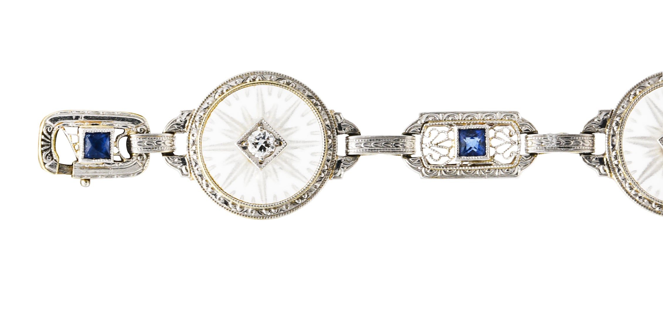 Krementz Art Deco 1.00 CTW Diamond Sapphire Camphor Glass Two-Tone 14 Karat Gold Link Braceletbracelet - Wilson's Estate Jewelry