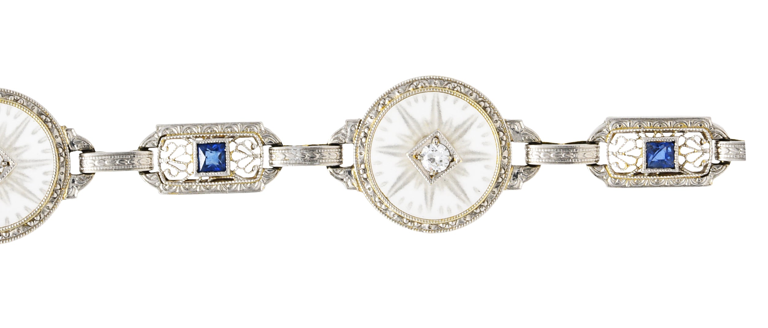 Krementz Art Deco 1.00 CTW Diamond Sapphire Camphor Glass Two-Tone 14 Karat Gold Link Braceletbracelet - Wilson's Estate Jewelry