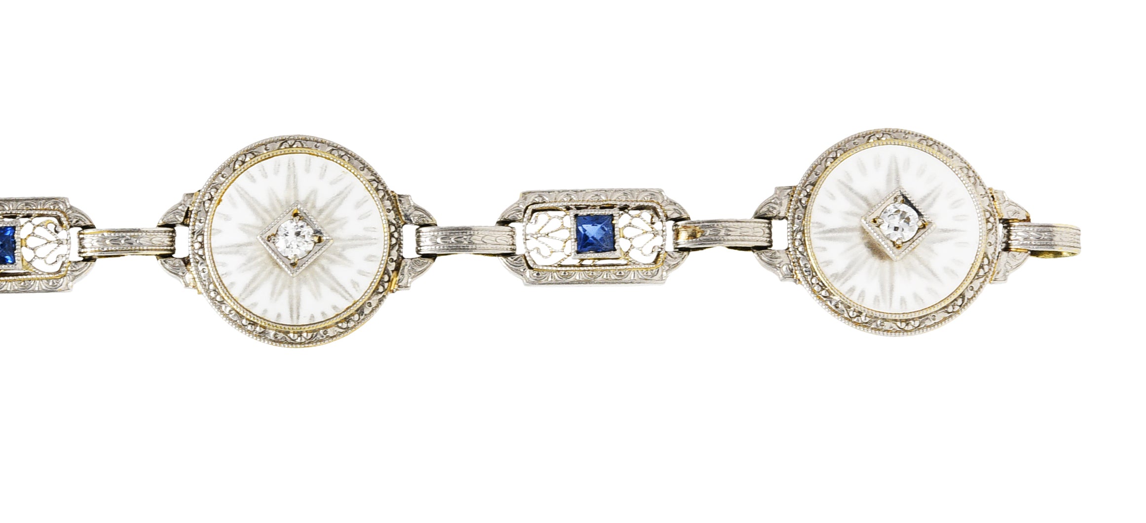 Krementz Art Deco 1.00 CTW Diamond Sapphire Camphor Glass Two-Tone 14 Karat Gold Link Braceletbracelet - Wilson's Estate Jewelry