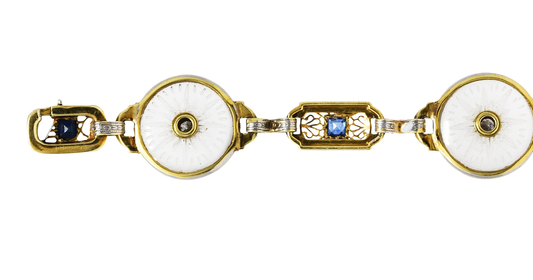 Krementz Art Deco 1.00 CTW Diamond Sapphire Camphor Glass Two-Tone 14 Karat Gold Link Braceletbracelet - Wilson's Estate Jewelry