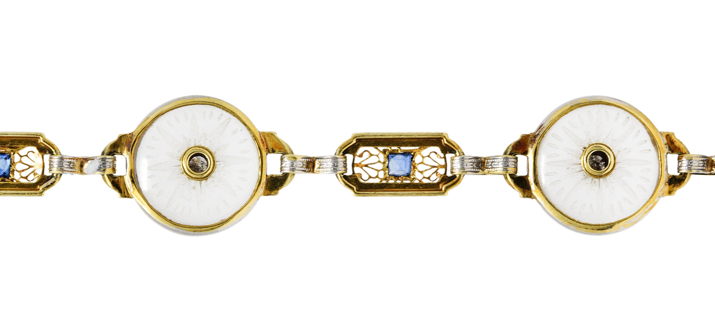 Krementz Art Deco 1.00 CTW Diamond Sapphire Camphor Glass Two-Tone 14 Karat Gold Link Braceletbracelet - Wilson's Estate Jewelry