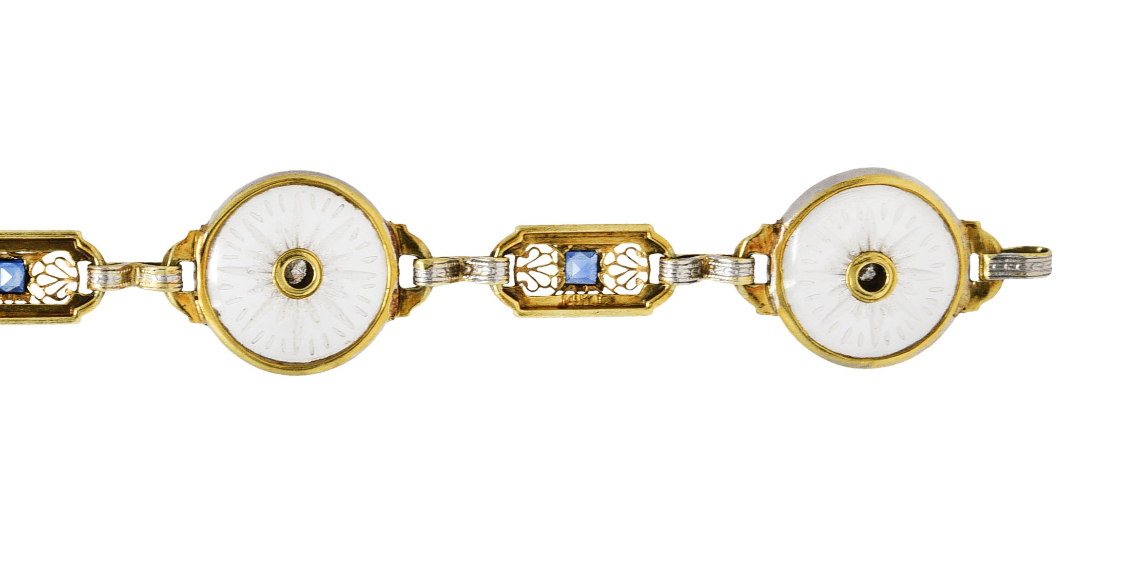 Krementz Art Deco 1.00 CTW Diamond Sapphire Camphor Glass Two-Tone 14 Karat Gold Link Braceletbracelet - Wilson's Estate Jewelry
