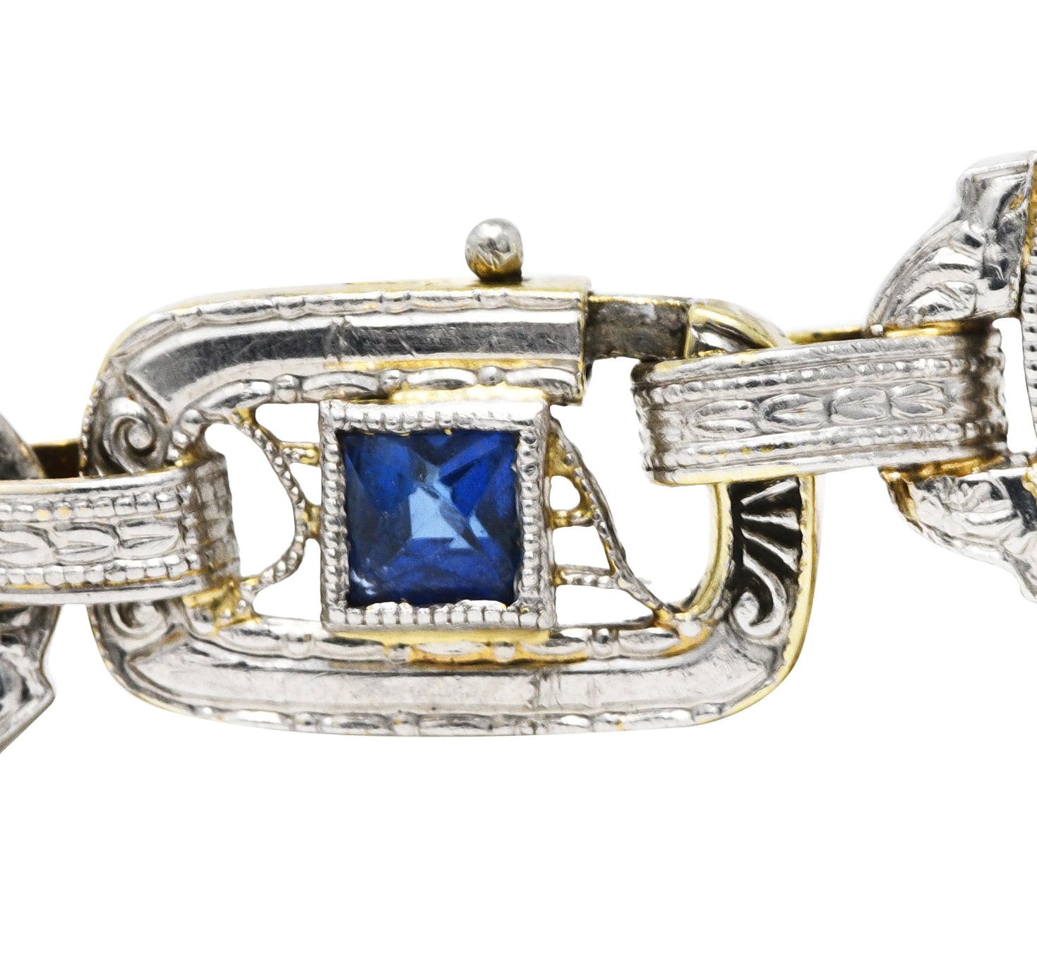 Krementz Art Deco 1.00 CTW Diamond Sapphire Camphor Glass Two-Tone 14 Karat Gold Link Braceletbracelet - Wilson's Estate Jewelry