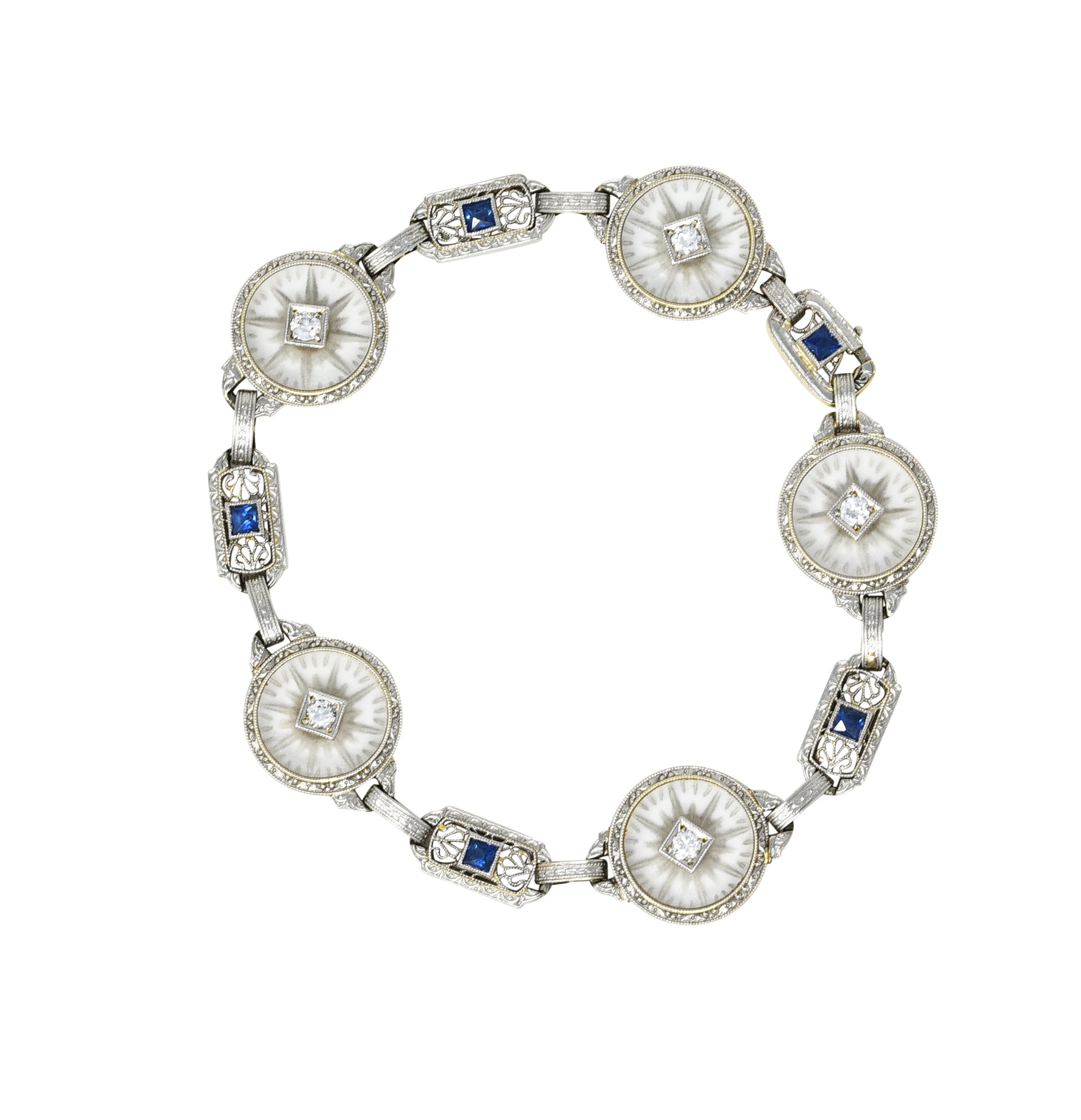 Krementz Art Deco 1.00 CTW Diamond Sapphire Camphor Glass Two-Tone 14 Karat Gold Link Braceletbracelet - Wilson's Estate Jewelry