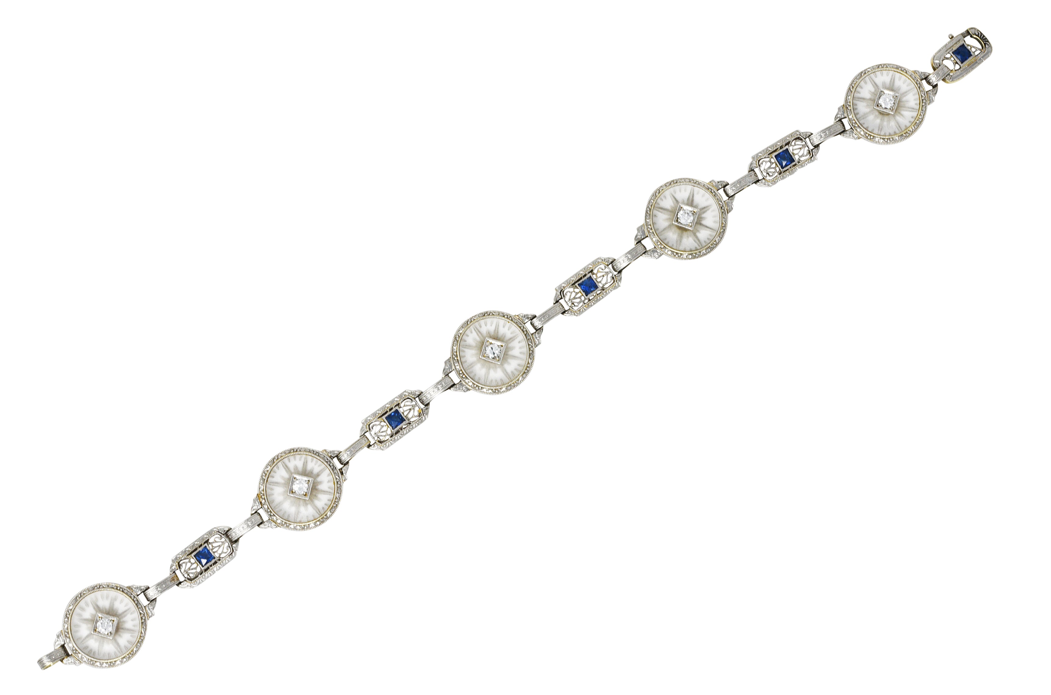 Krementz Art Deco 1.00 CTW Diamond Sapphire Camphor Glass Two-Tone 14 Karat Gold Link Braceletbracelet - Wilson's Estate Jewelry