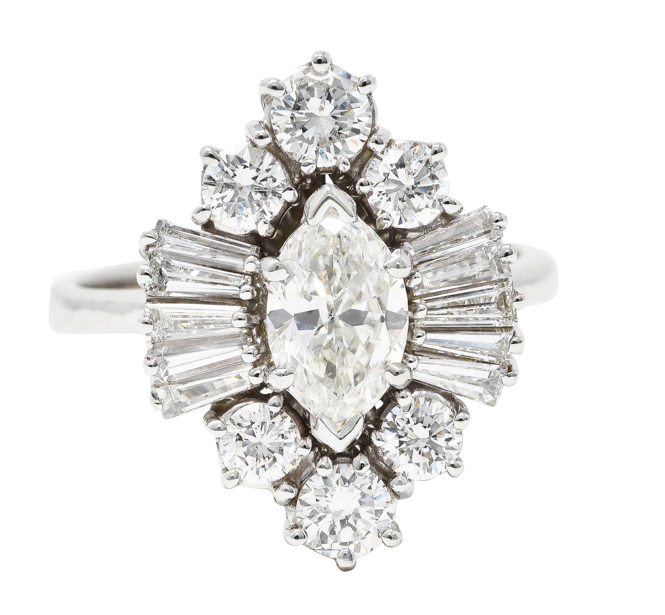 1950's Mid-Century Marquise Diamond 14 Karat White Gold Cluster Engagement Ring Wilson's Estate Jewelry