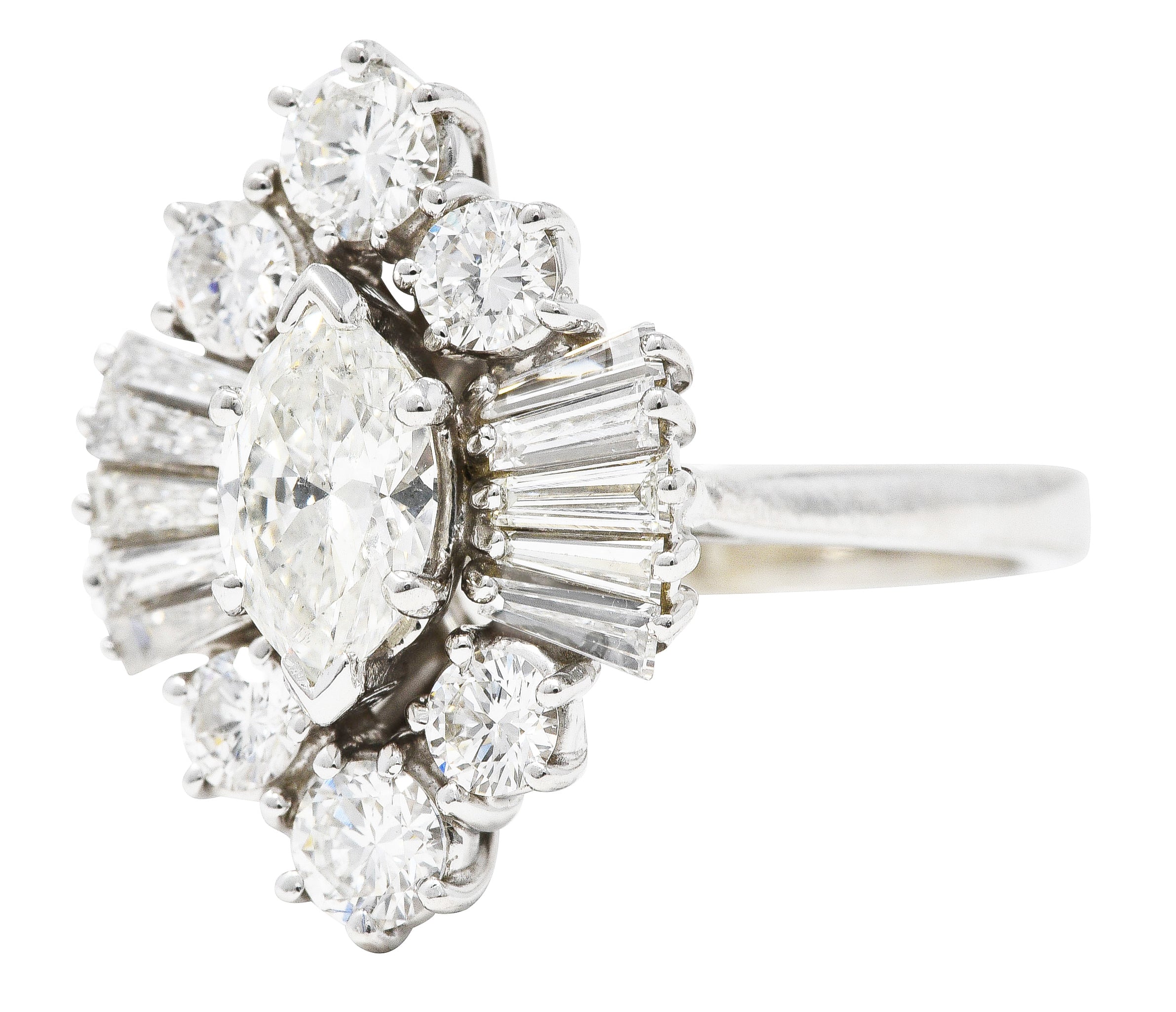 1950's Mid-Century Marquise Diamond 14 Karat White Gold Cluster Engagement Ring Wilson's Estate Jewelry