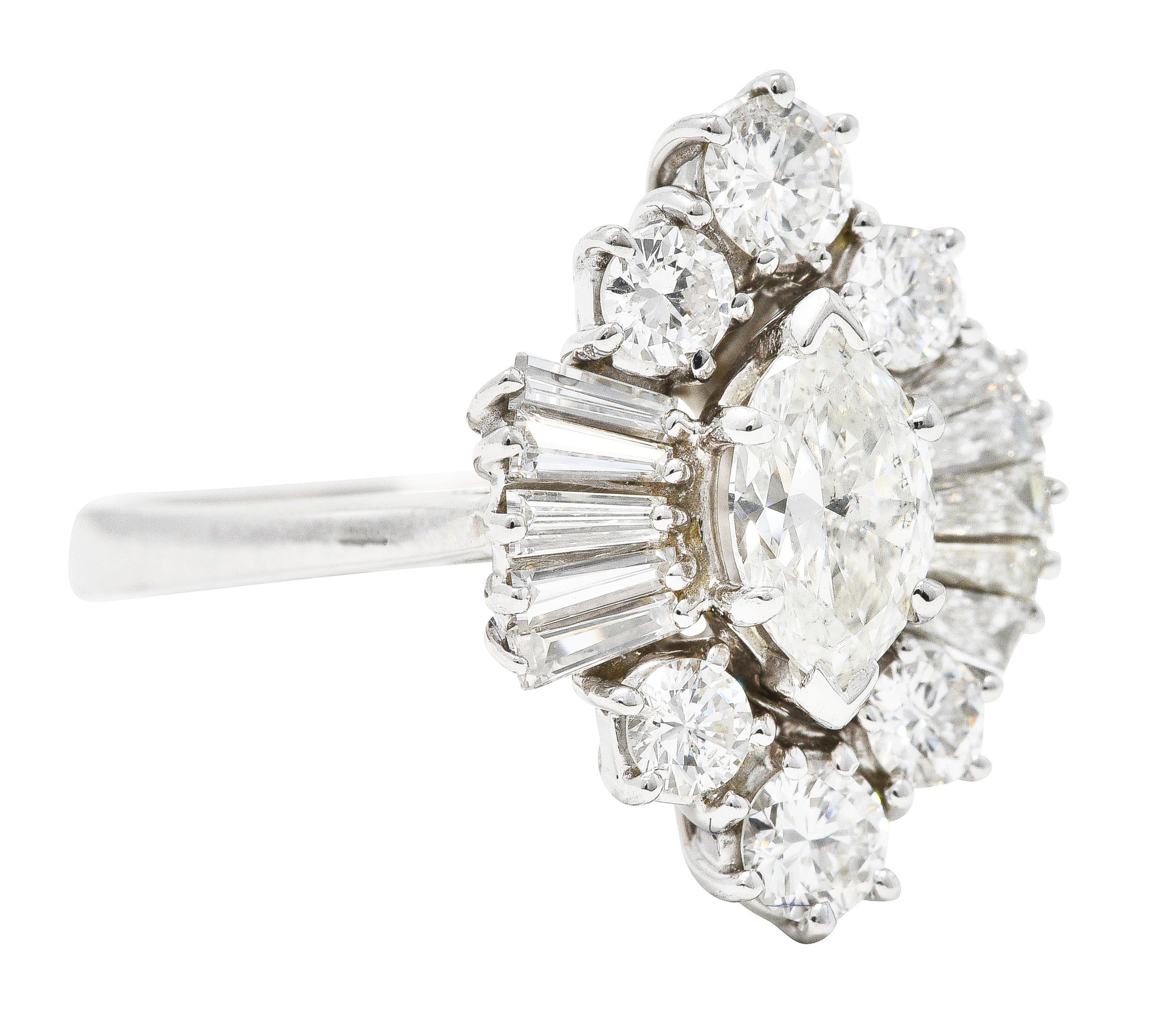 1950's Mid-Century Marquise Diamond 14 Karat White Gold Cluster Engagement Ring Wilson's Estate Jewelry