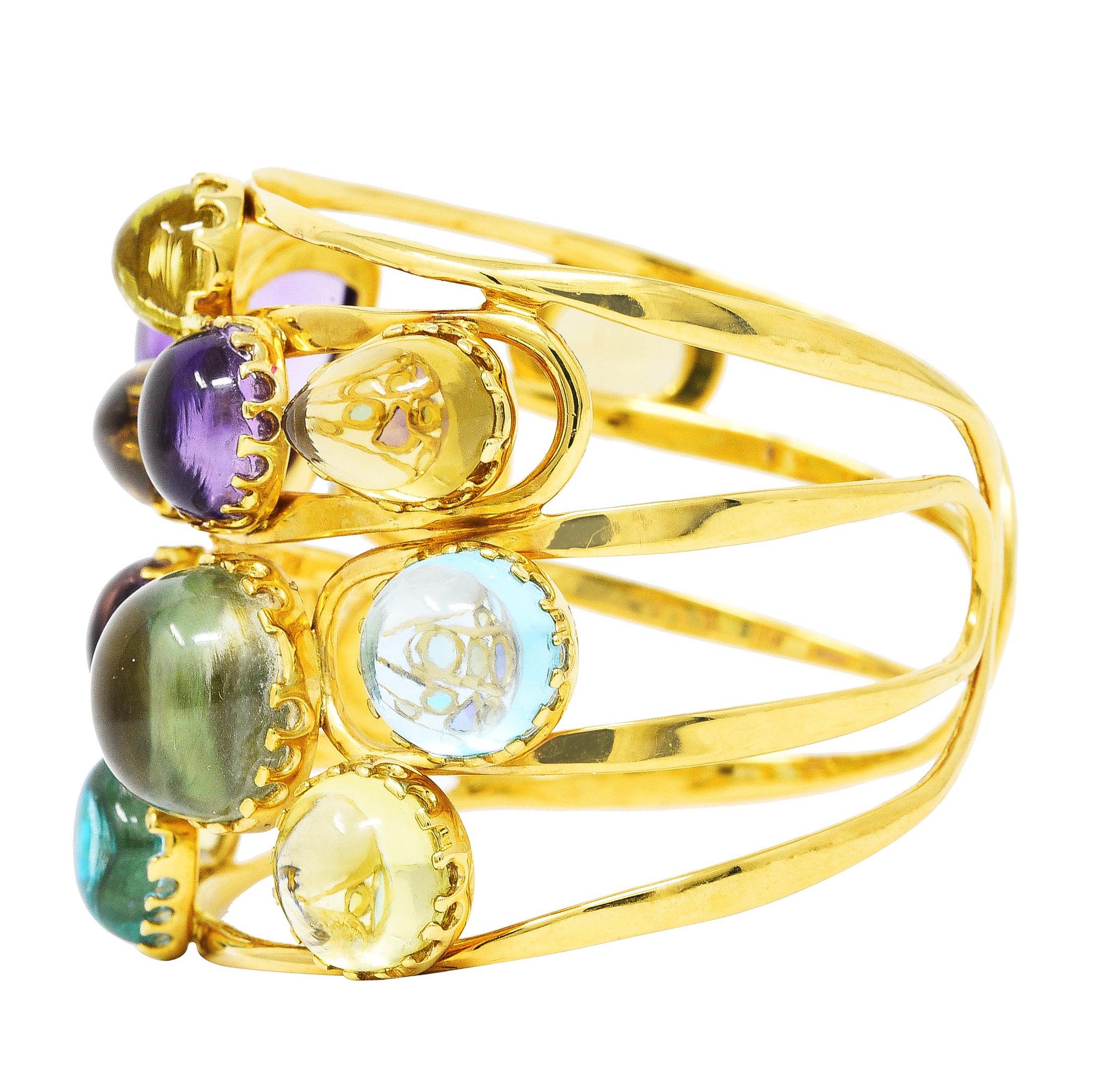 Roberto Coin 1990's Amethyst Peridot Topaz Citrine 18 Karat Yellow Gold Ipanema Vintage Multi-Gem Cuff Bracelet Wilson's Estate Jewelry