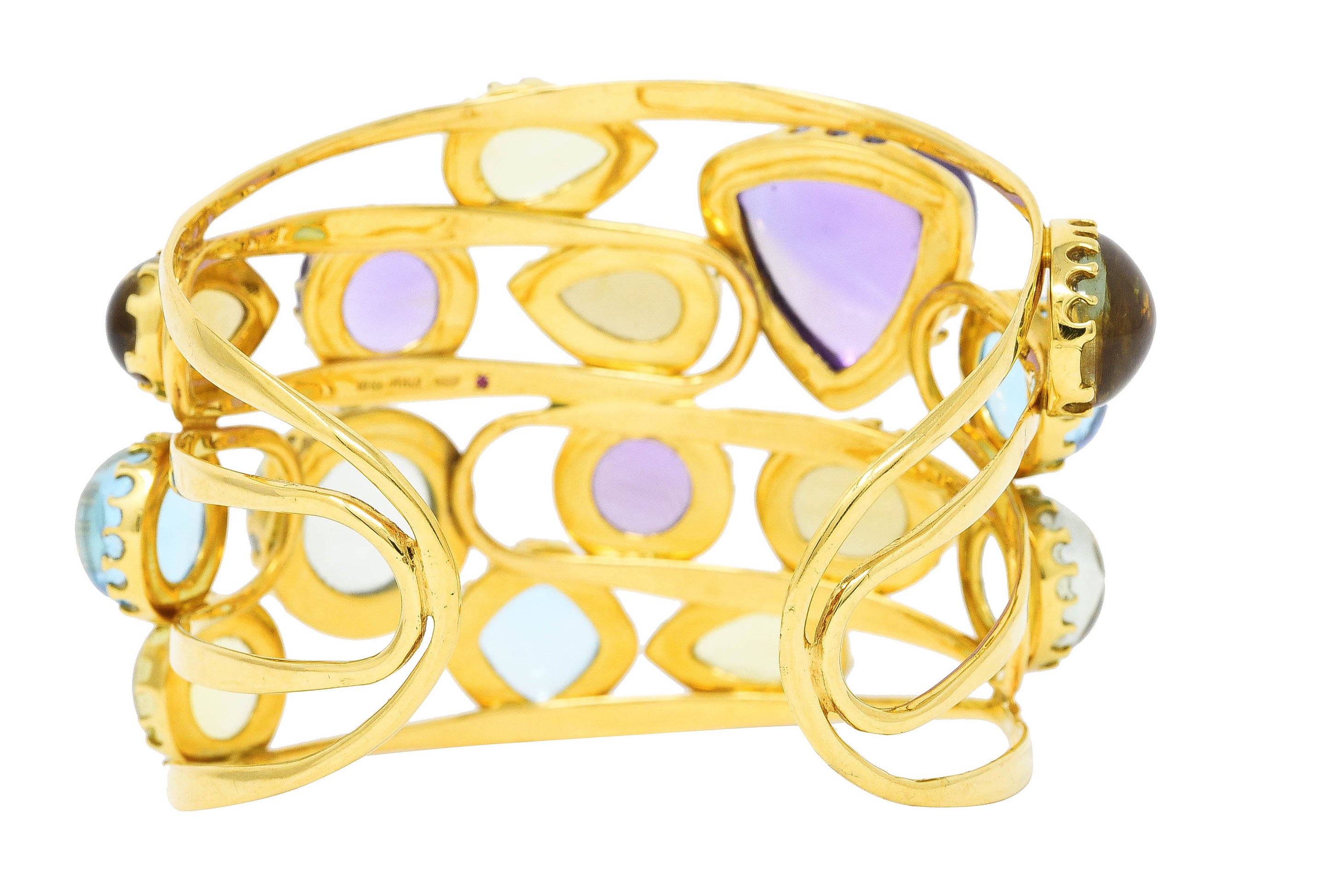 Roberto Coin 1990's Amethyst Peridot Topaz Citrine 18 Karat Yellow Gold Ipanema Vintage Multi-Gem Cuff Bracelet Wilson's Estate Jewelry