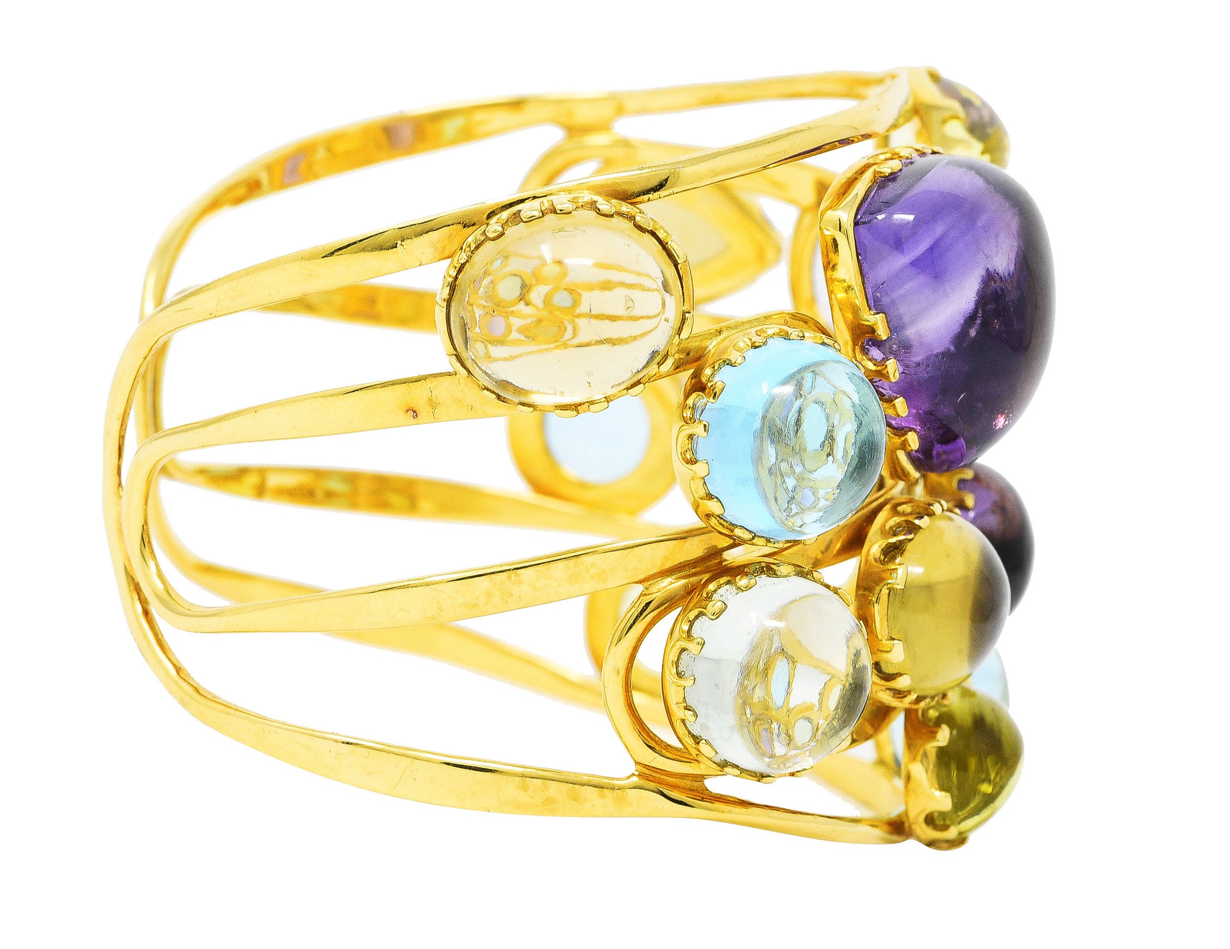Roberto Coin 1990's Amethyst Peridot Topaz Citrine 18 Karat Yellow Gold Ipanema Vintage Multi-Gem Cuff Bracelet Wilson's Estate Jewelry