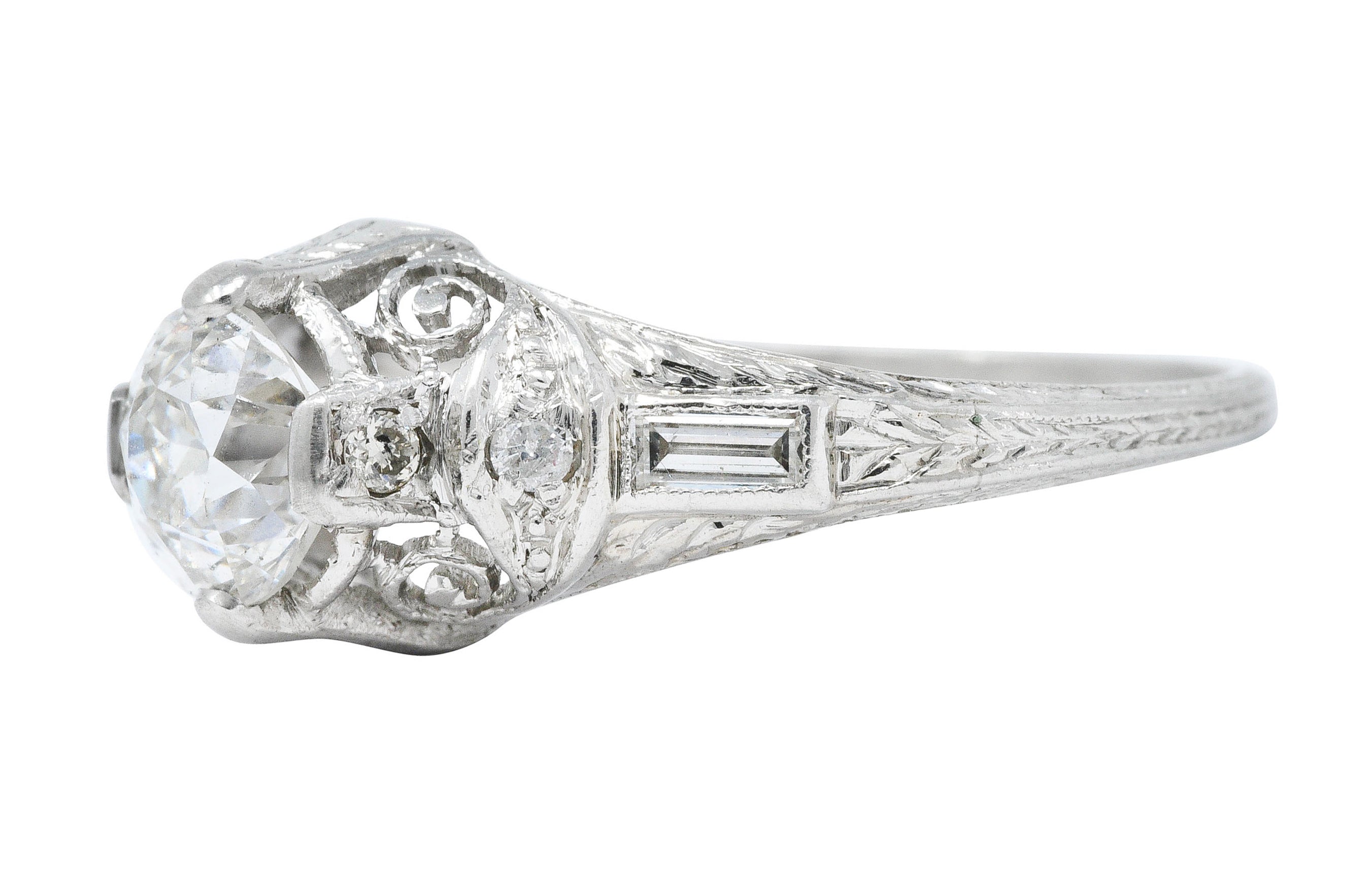 Art Deco 1.09 CTW Diamond Platinum Scrolled Volute Engagement Ring GIARing - Wilson's Estate Jewelry