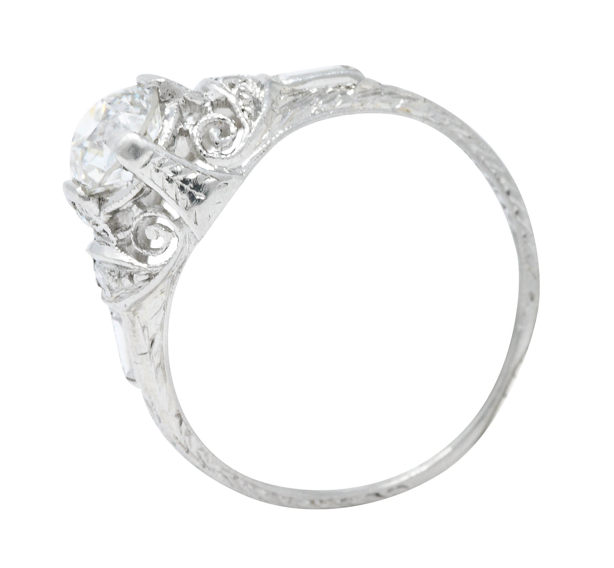 Art Deco 1.09 CTW Diamond Platinum Scrolled Volute Engagement Ring GIARing - Wilson's Estate Jewelry