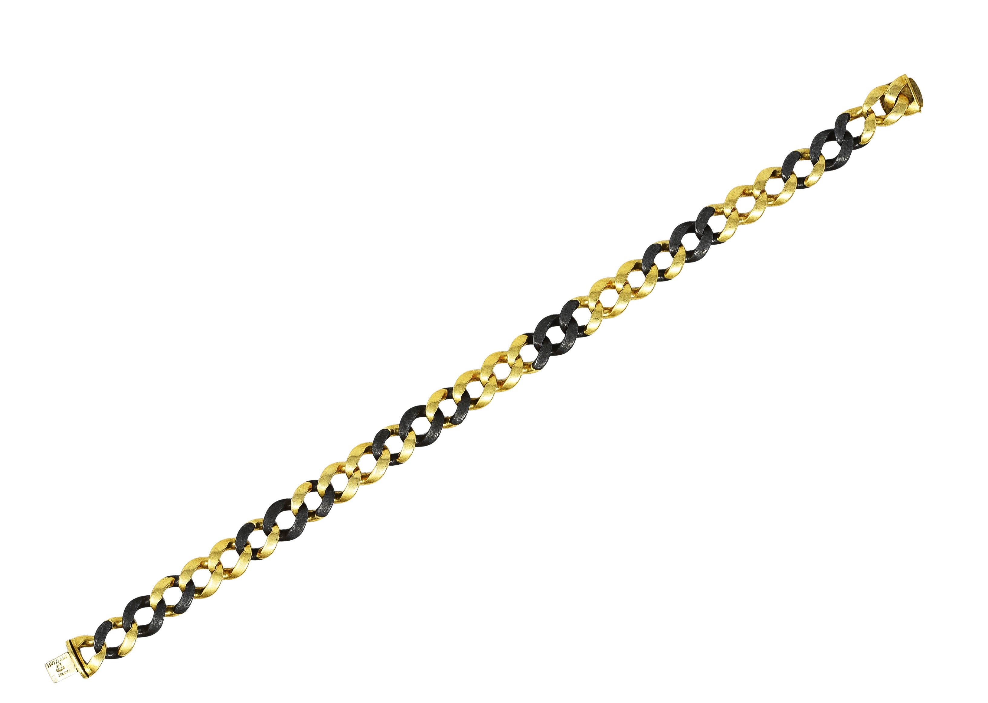 Bulgari 18 Karat Yellow Gold Steel Two-Tone Curb Link Chain Vintage Unisex Bracelet Wilson's Estate Jewelry