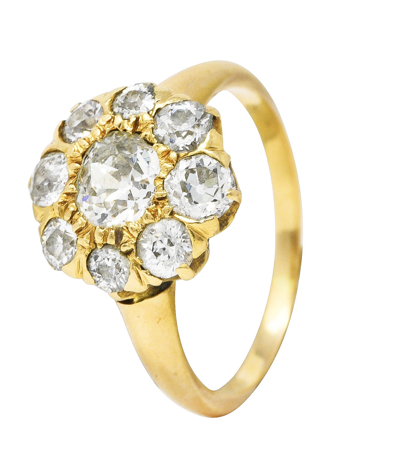 .11111 SH 1880's Victorian 1.50 CTW Old Mine Diamond 14 Karat Yellow Gold Cluster Ring Wilson's Estate Jewelry