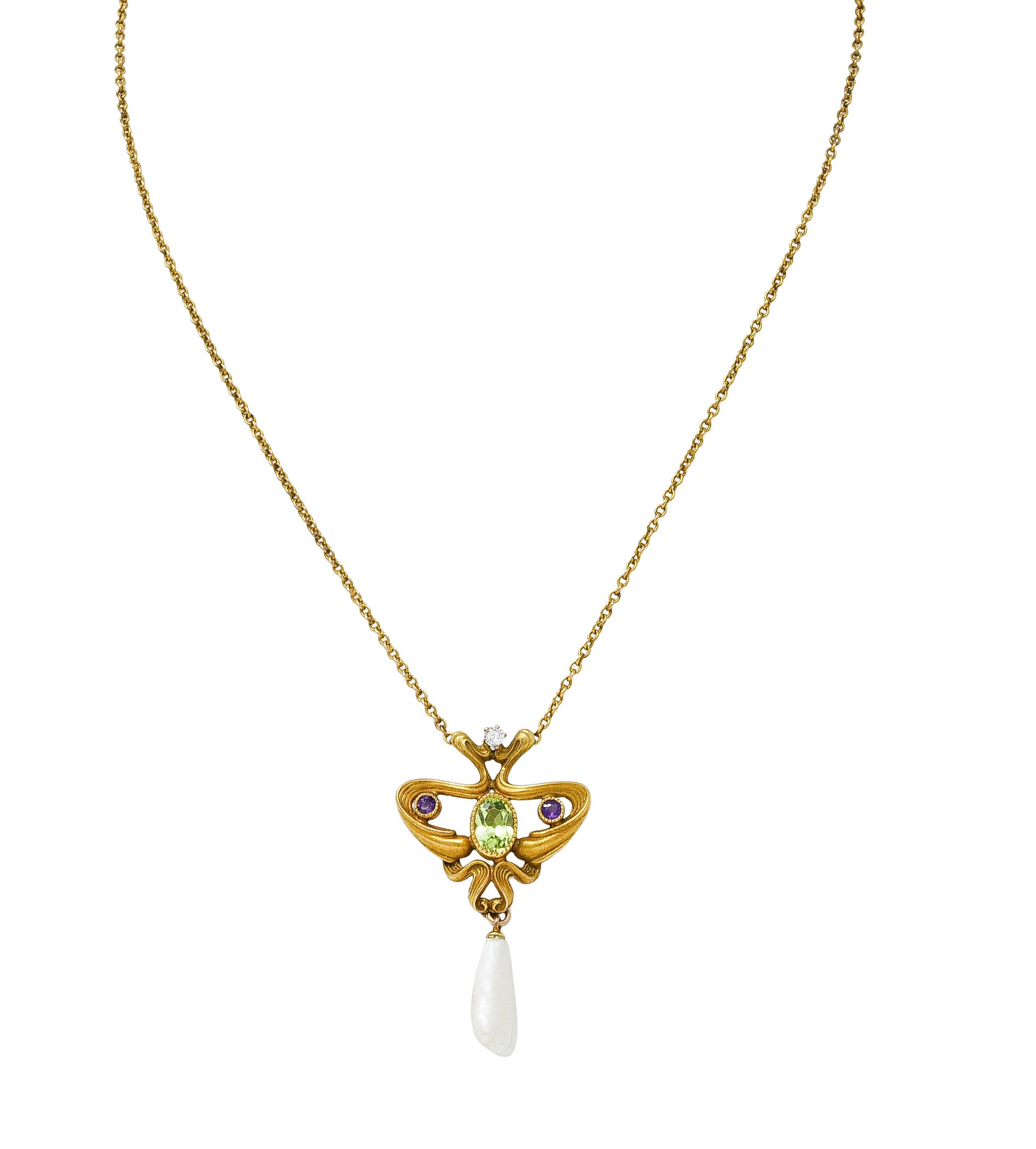 Art Nouveau Suffragette Diamond Amethyst Peridot Pearl 14 Karat Gold Whiplash NecklaceNecklace - Wilson's Estate Jewelry