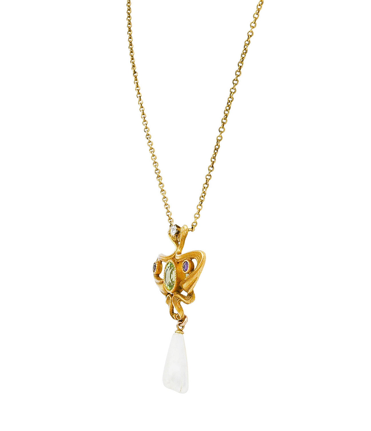 Art Nouveau Suffragette Diamond Amethyst Peridot Pearl 14 Karat Gold Whiplash NecklaceNecklace - Wilson's Estate Jewelry