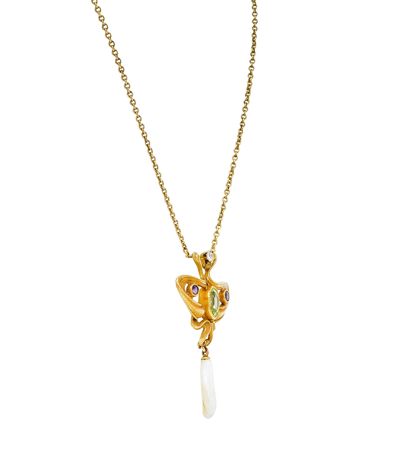 Art Nouveau Suffragette Diamond Amethyst Peridot Pearl 14 Karat Gold Whiplash NecklaceNecklace - Wilson's Estate Jewelry