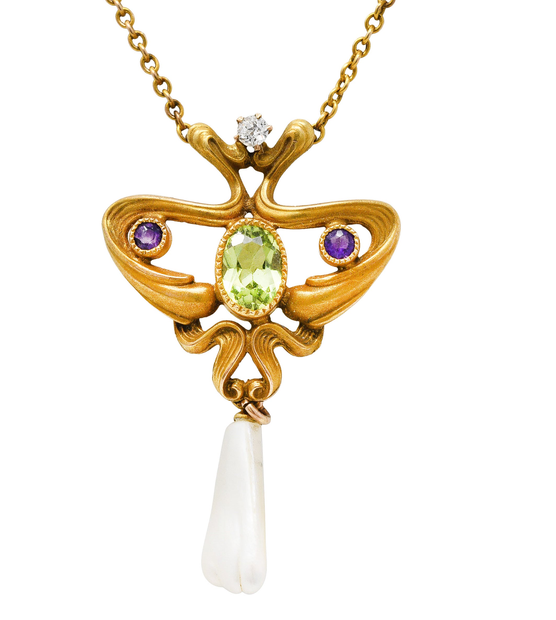Art Nouveau Suffragette Diamond Amethyst Peridot Pearl 14 Karat Gold Whiplash NecklaceNecklace - Wilson's Estate Jewelry
