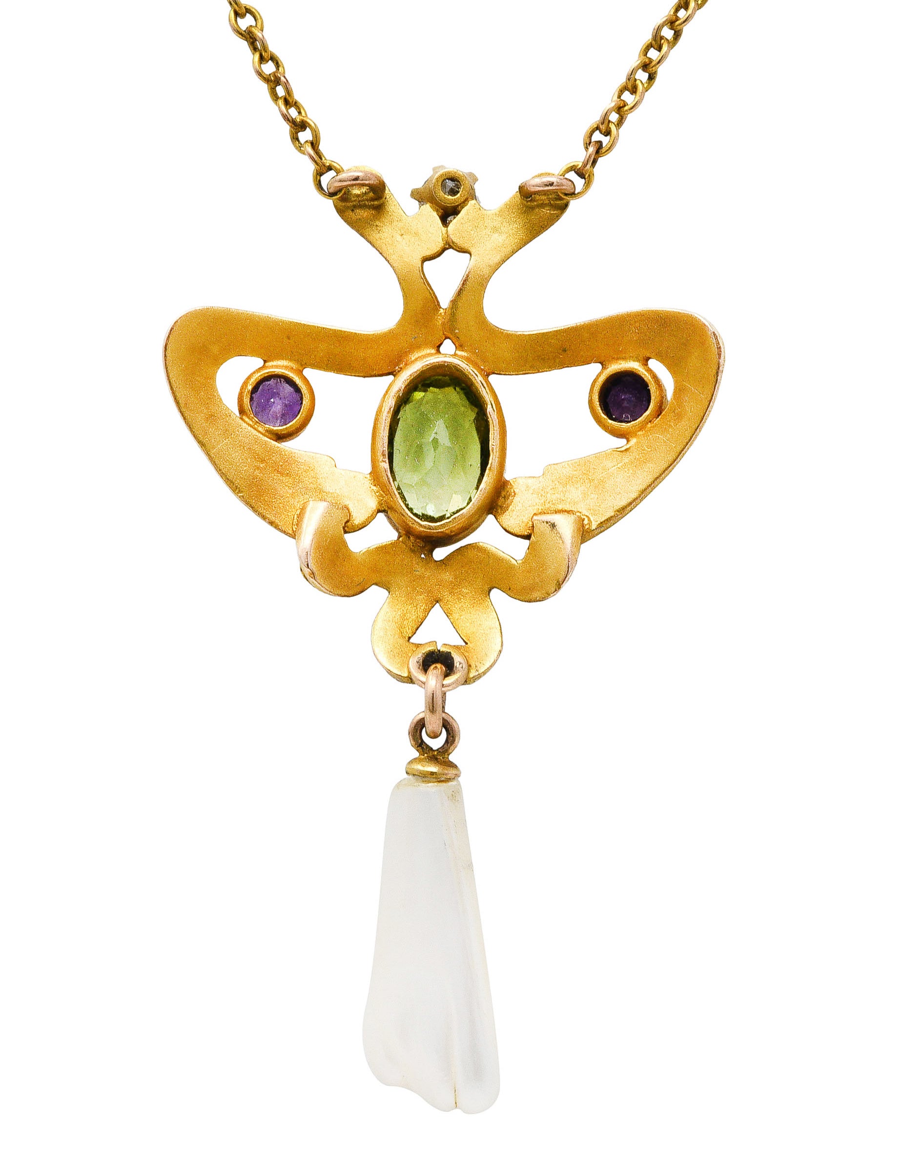 Art Nouveau Suffragette Diamond Amethyst Peridot Pearl 14 Karat Gold Whiplash NecklaceNecklace - Wilson's Estate Jewelry