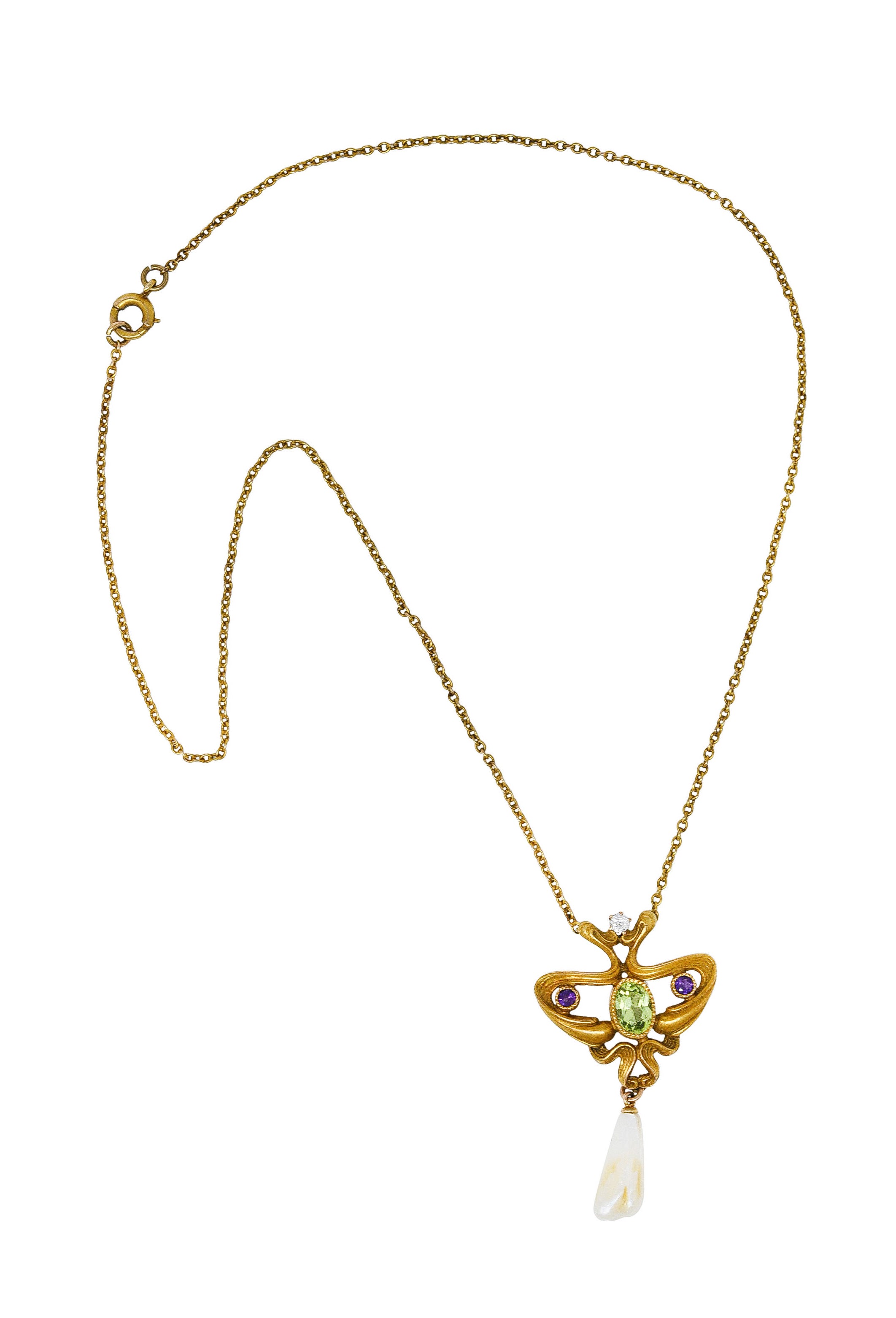 Art Nouveau Suffragette Diamond Amethyst Peridot Pearl 14 Karat Gold Whiplash NecklaceNecklace - Wilson's Estate Jewelry