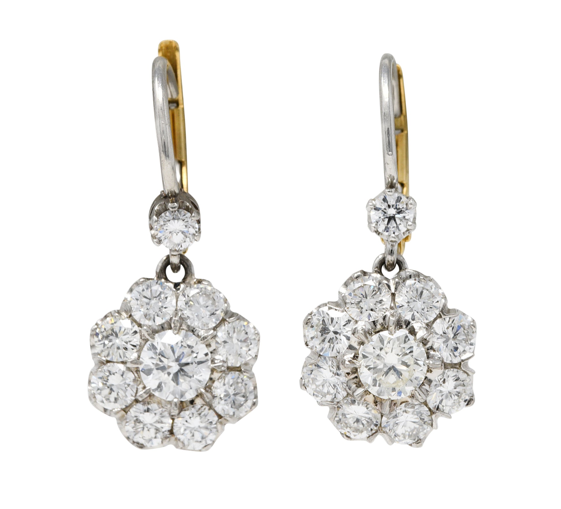 Mid-Century 2.80 CTW Diamond Platinum 14 Karat Gold Cluster Vintage Drop Earrings Wilson's Estate Jewelry